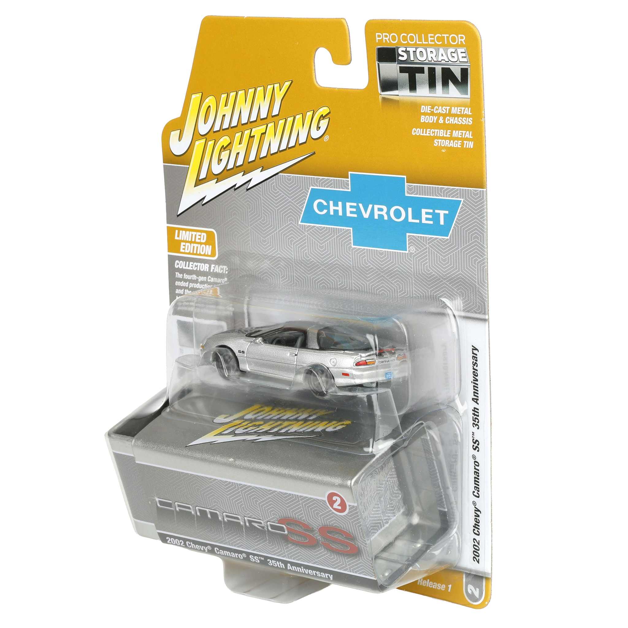 1/64 2002 Chevy Camaro SS 35th Anniversary, Sebring Silver, Johnny Lightning Collector Tin Series - Image 3