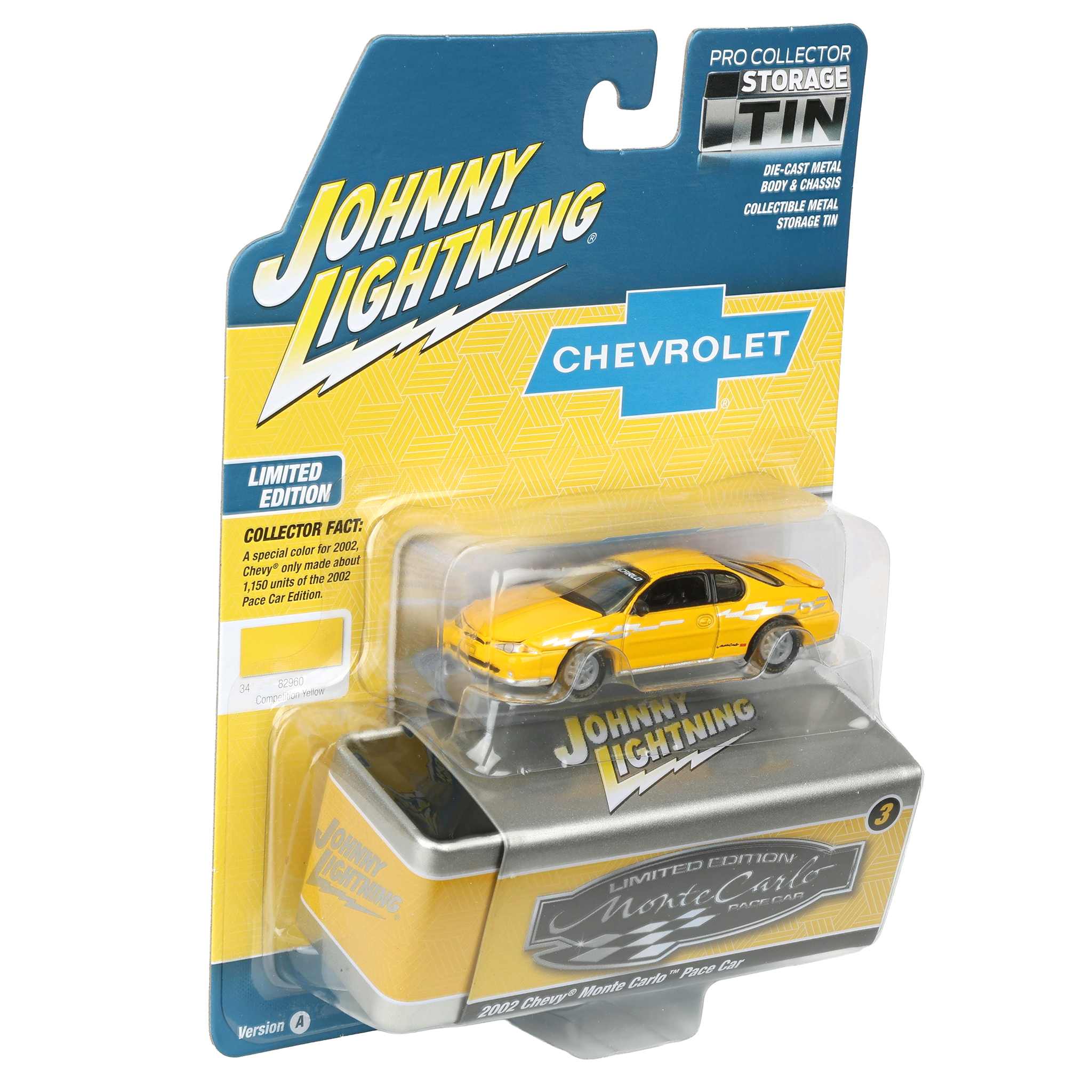 1/64 2002 Chevy Monte Carlo Pace Car, Competition Yellow, Johnny Lightning Collector Tin Series - Image 2