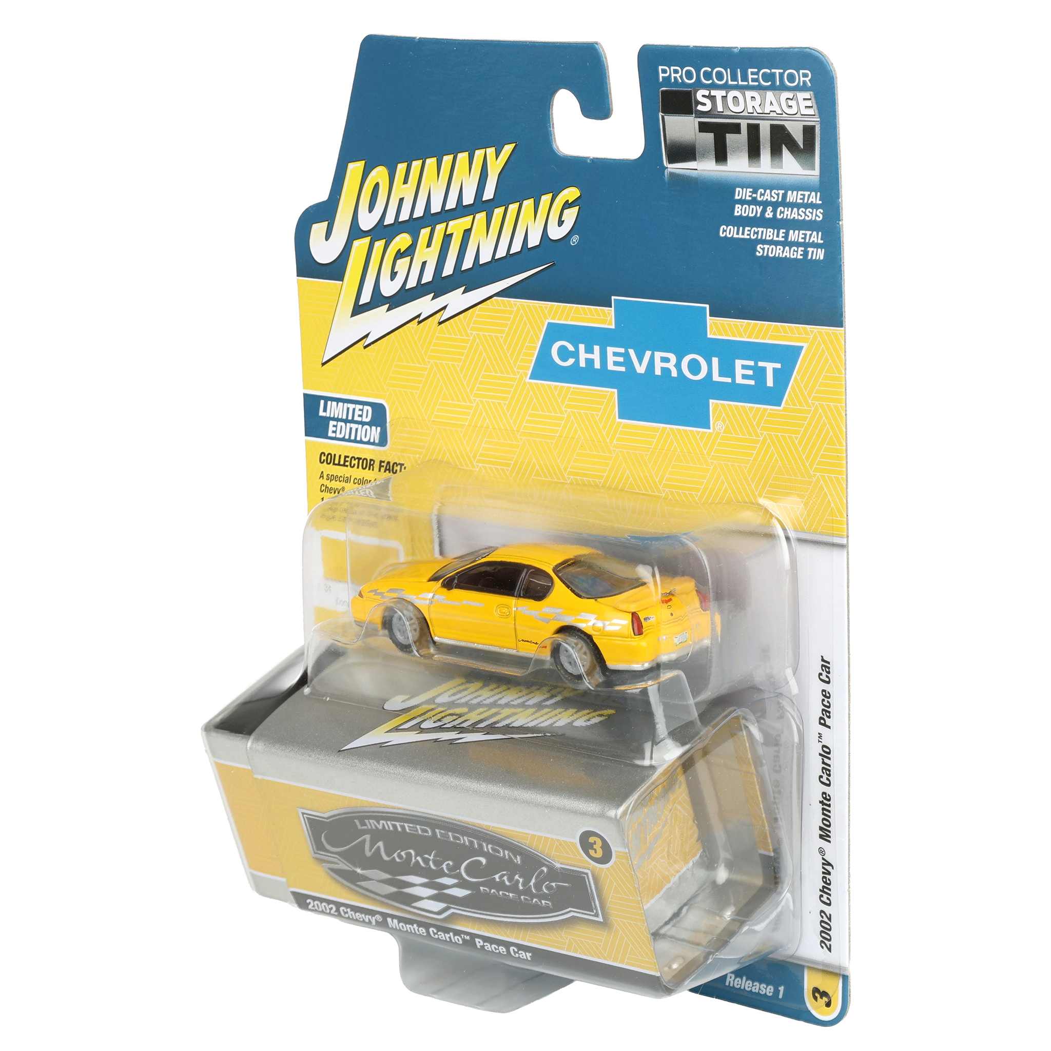 1/64 2002 Chevy Monte Carlo Pace Car, Competition Yellow, Johnny Lightning Collector Tin Series - Image 3