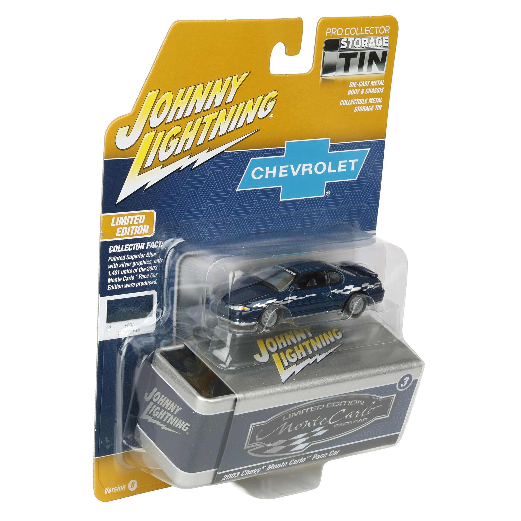 1/64 2002 Chevy Monte Carlo Pace Car, Superior Blue, Johnny Lightning Collector Tin Series - Image 2