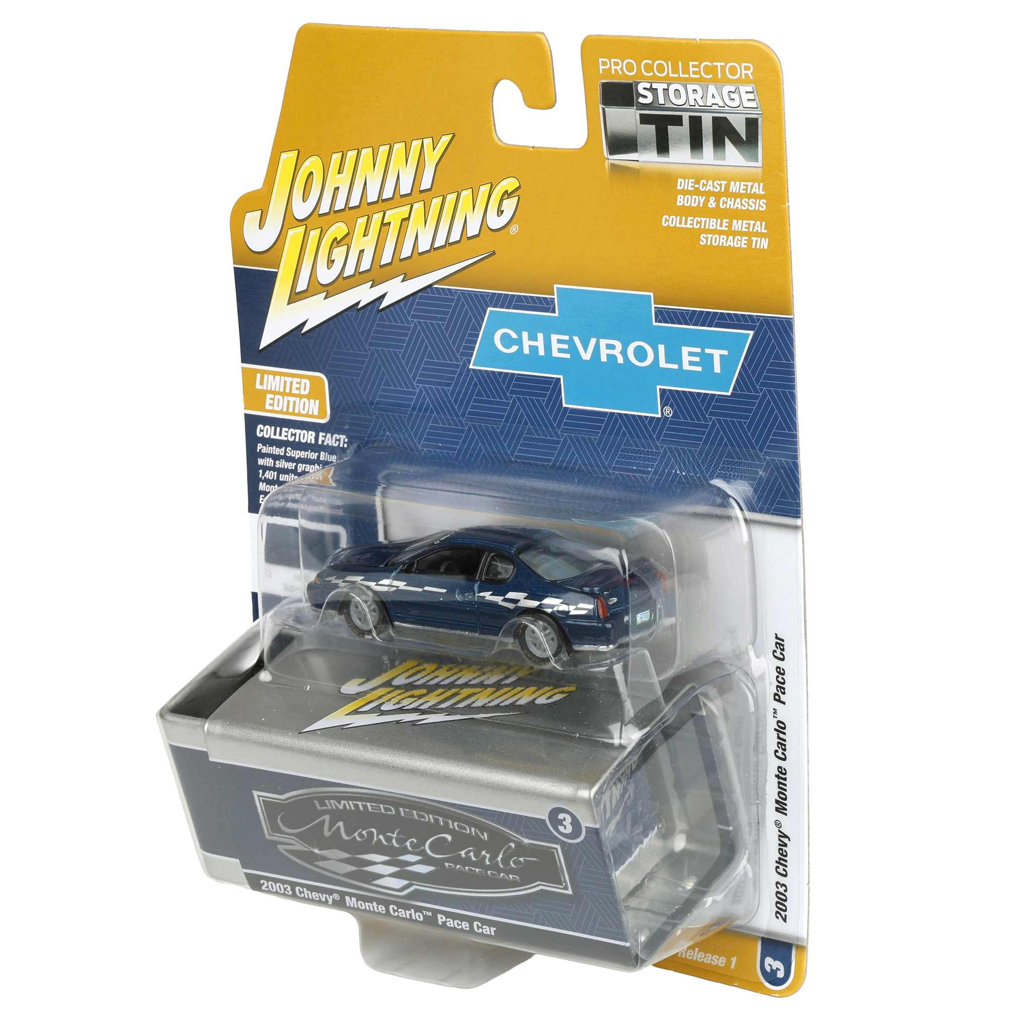 1/64 2002 Chevy Monte Carlo Pace Car, Superior Blue, Johnny Lightning Collector Tin Series - Image 3