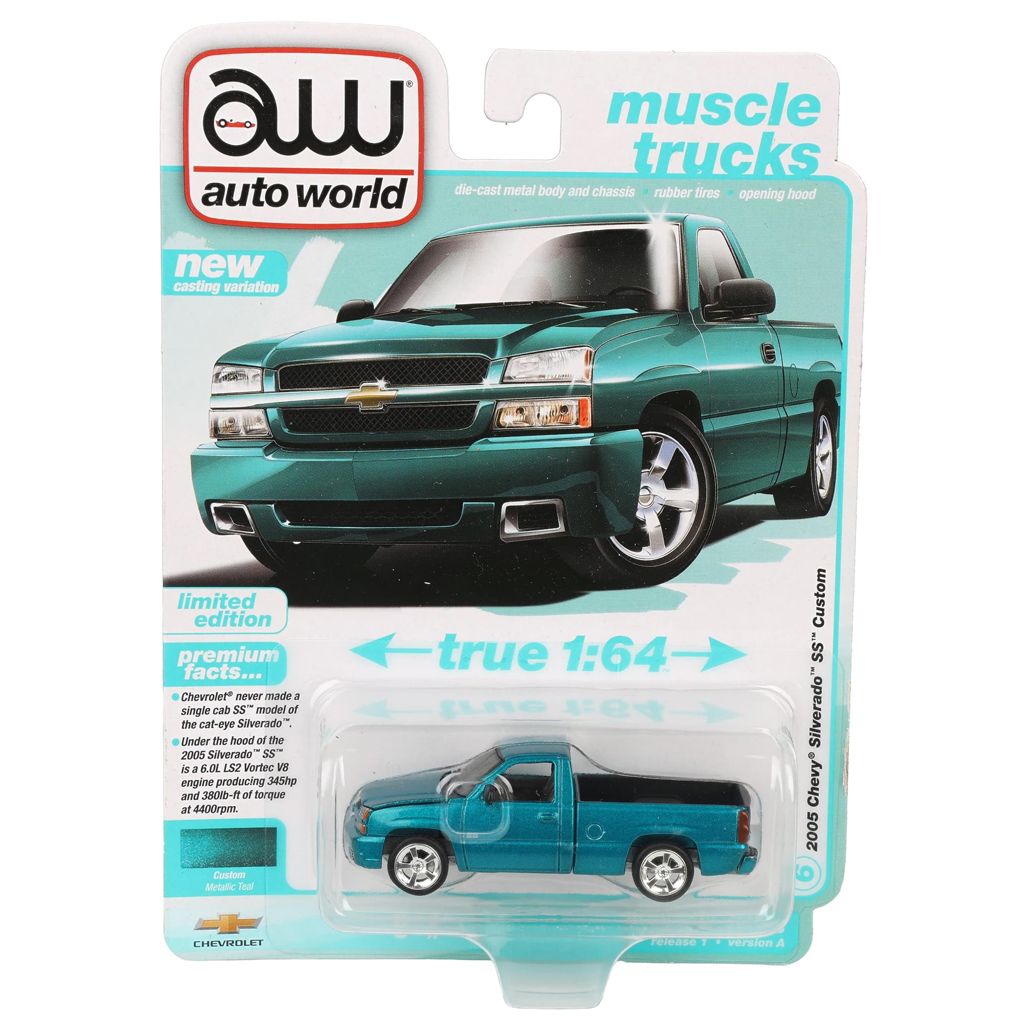 1/64 2005 Chevrolet Silverado SS Single Cab Custom Pickup Truck, Teal Turquoise Metallic, Auto World - Image 5