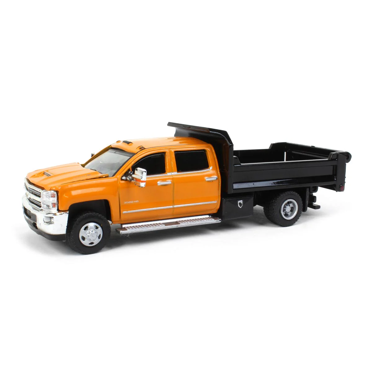 1/64 2017 Chevrolet Silverado 3500 Dump Truck, Orange & Black Dually Drivers 4