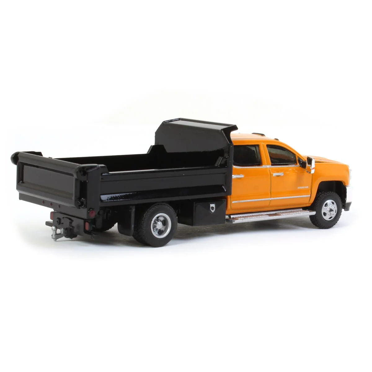 1/64 2017 Chevrolet Silverado 3500 Dump Truck, Orange & Black Dually Drivers 4 - Image 3