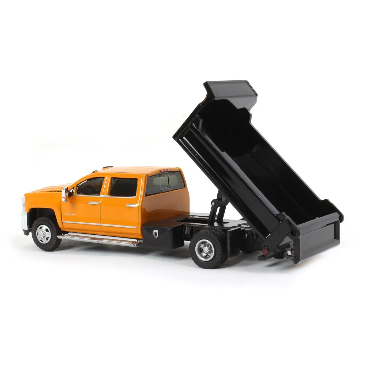 1/64 2017 Chevrolet Silverado 3500 Dump Truck, Orange & Black Dually Drivers 4 - Image 4