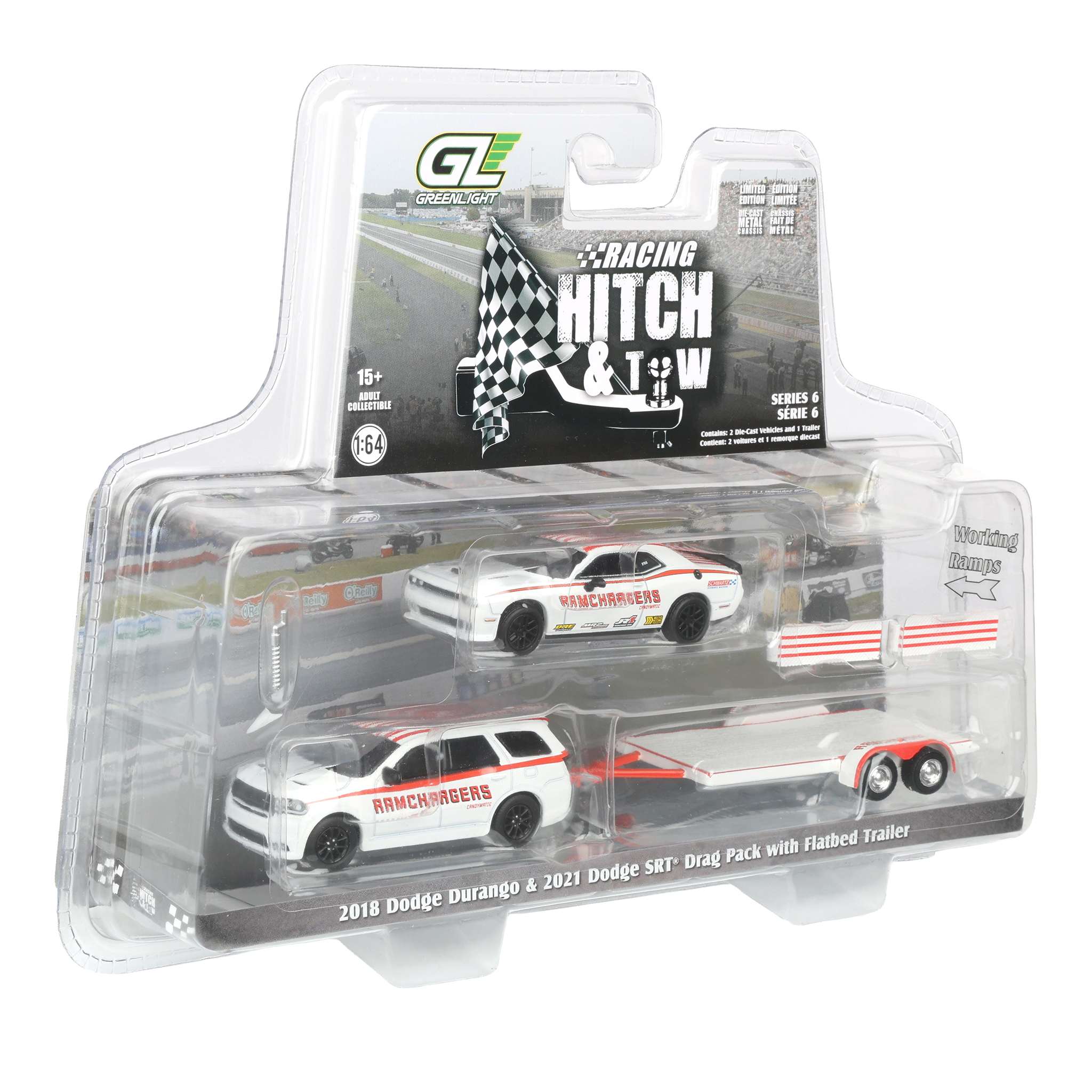 1/64 2018 Dodge Durango with Flatbed Trailer & 2016 Dodge Challenger SRT Hellcat - Image 2