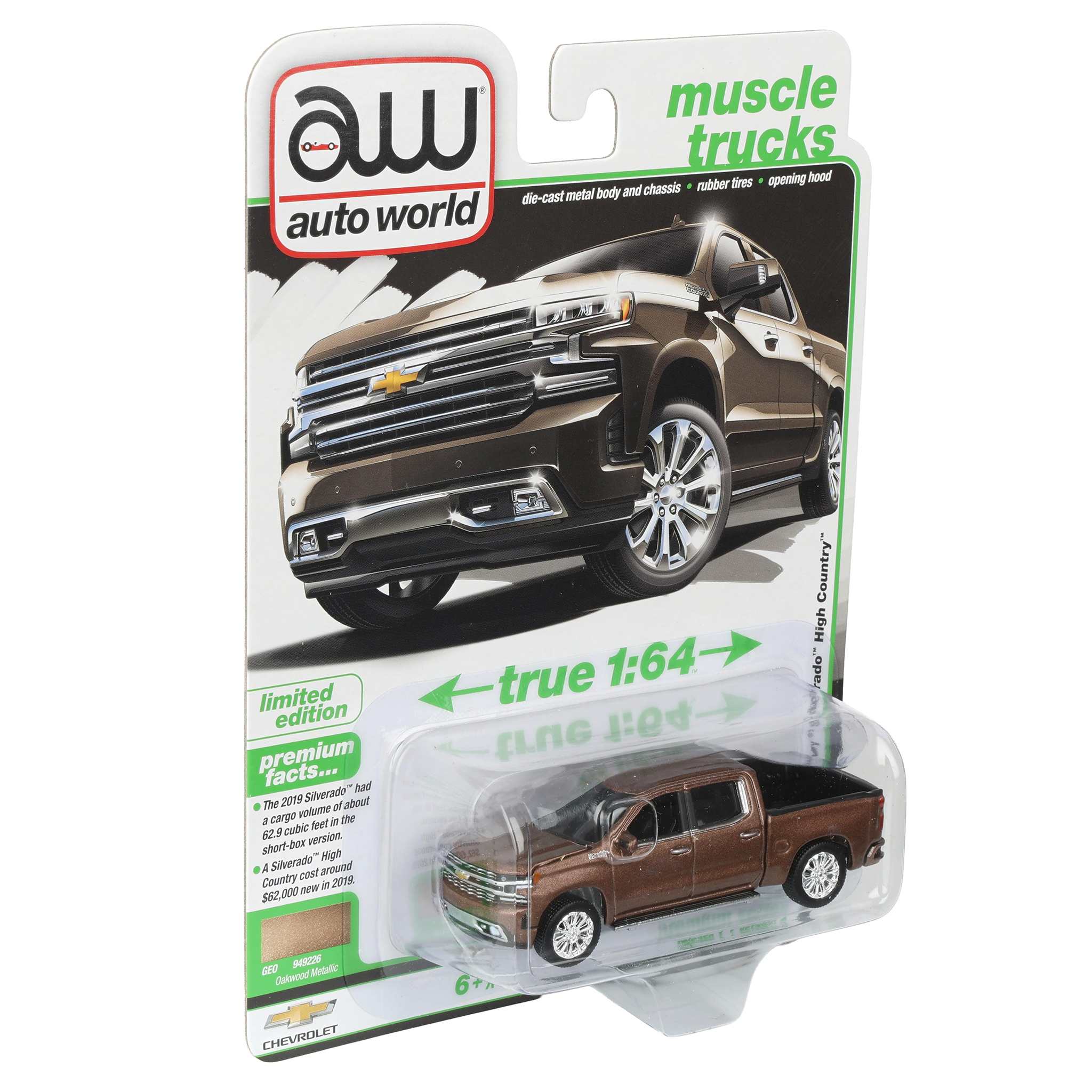 1/64 2019 Chevy Silverado High Country Pickup Truck, Oakwood Metallic, Auto World Muscle Trucks Series - Image 2