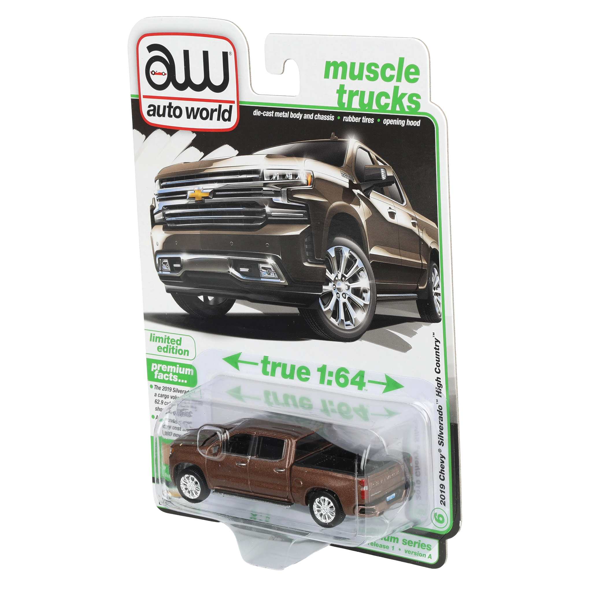 1/64 2019 Chevy Silverado High Country Pickup Truck, Oakwood Metallic, Auto World Muscle Trucks Series - Image 3