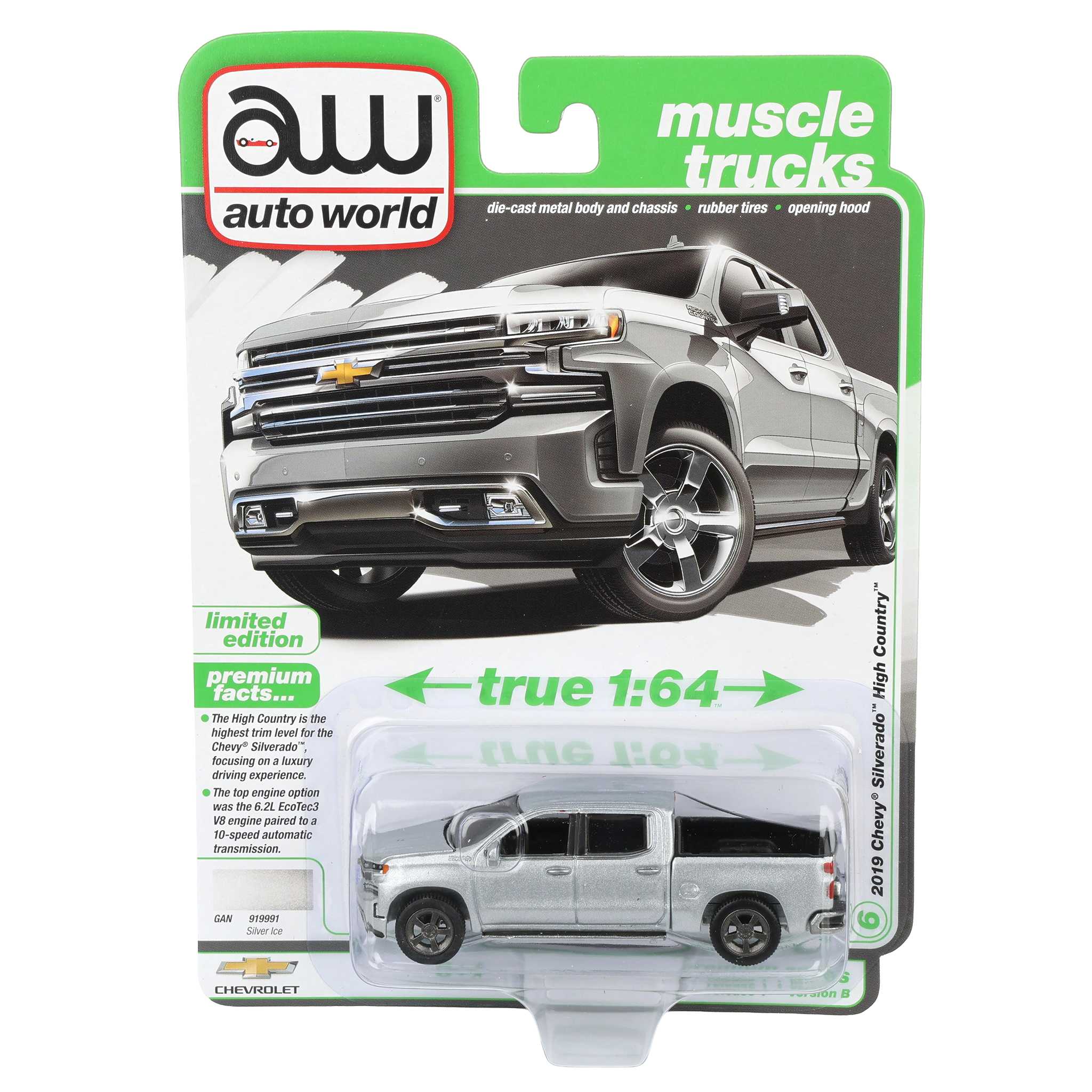 1/64 2019 Chevy Silverado High Country Pickup Truck, Silver Ice, Auto World Muscle Trucks Series