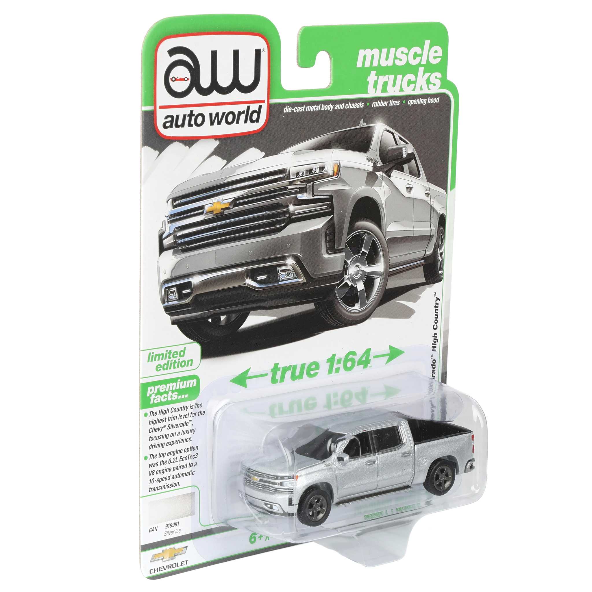 1/64 2019 Chevy Silverado High Country Pickup Truck, Silver Ice, Auto World Muscle Trucks Series - Image 2