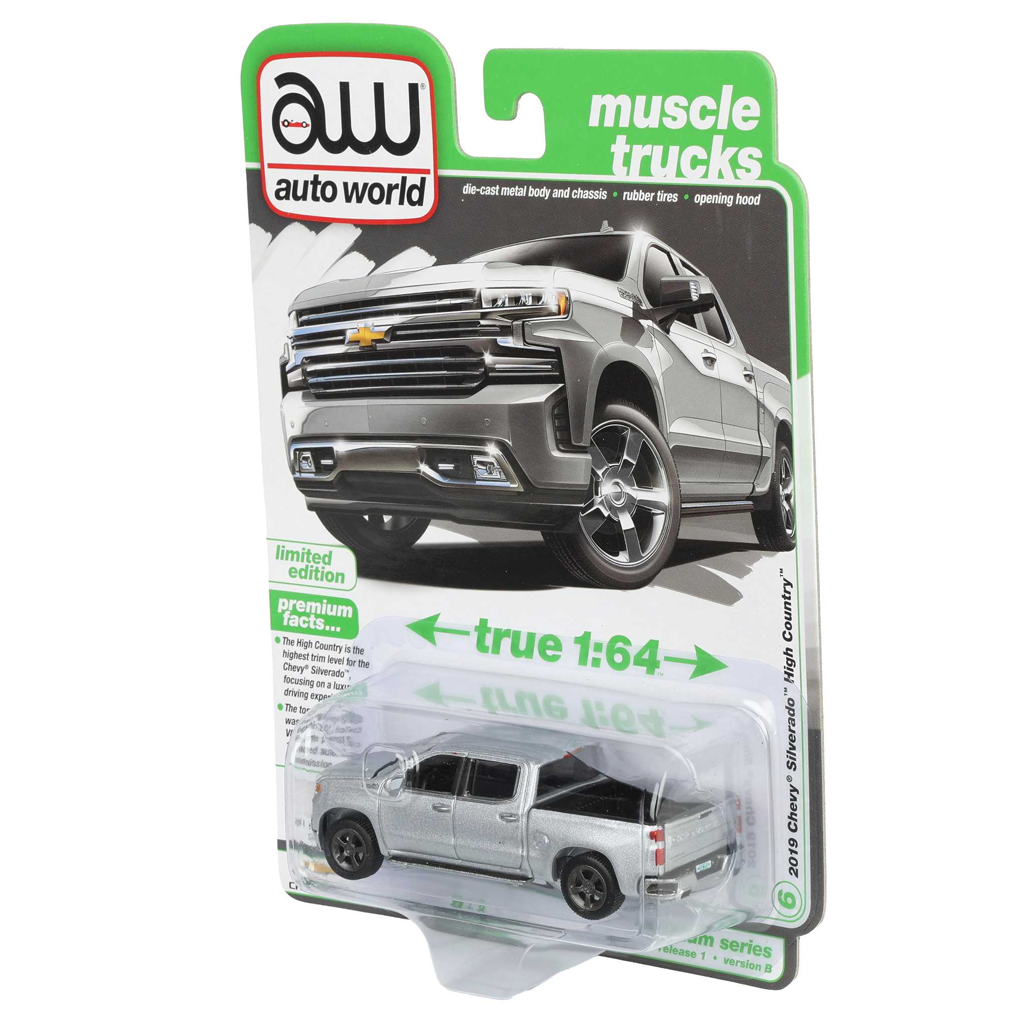 1/64 2019 Chevy Silverado High Country Pickup Truck, Silver Ice, Auto World Muscle Trucks Series - Image 3