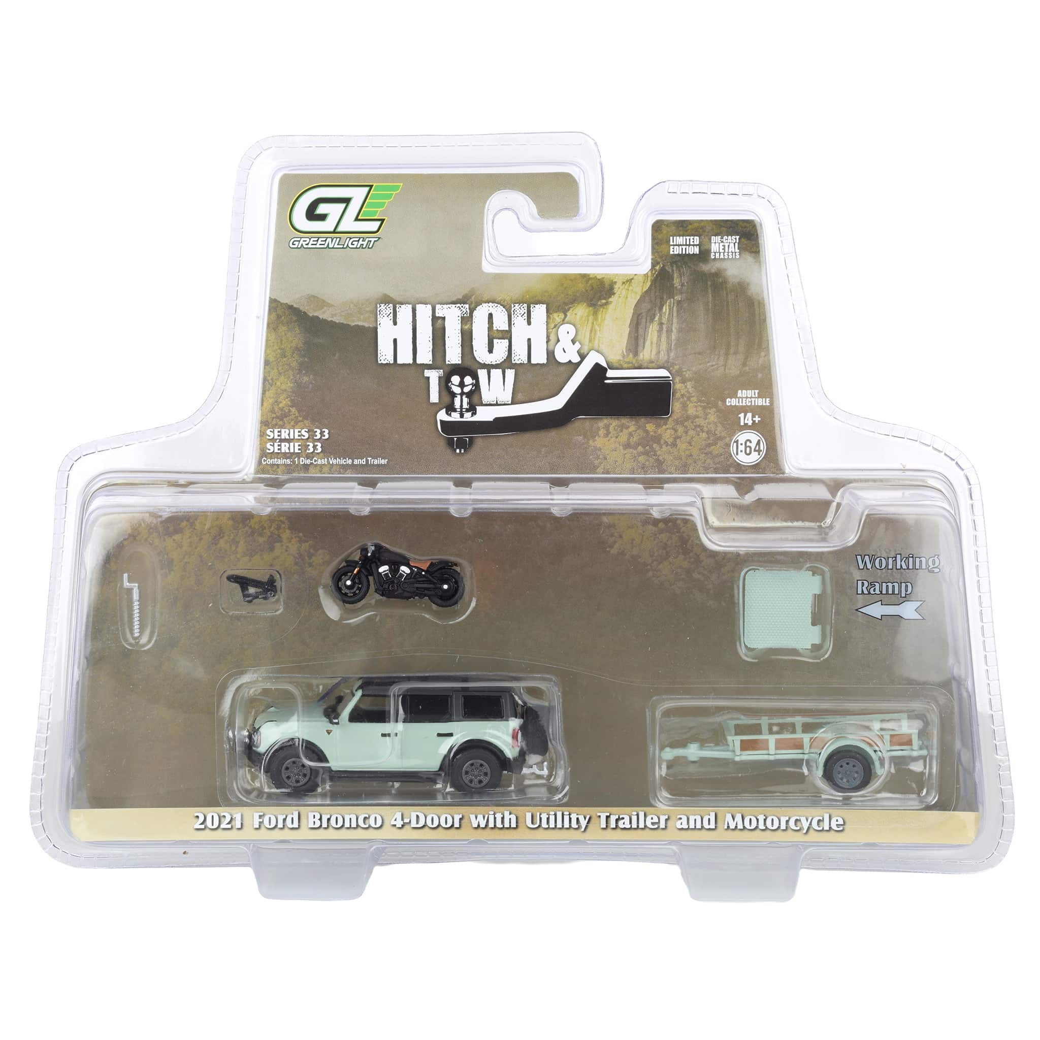1/64 2021 Ford Bronco 4-Door Badlands, Cactus Grey with Utility Trailer & Motorcycle, Hitch & Tow Series 33 - Image 11