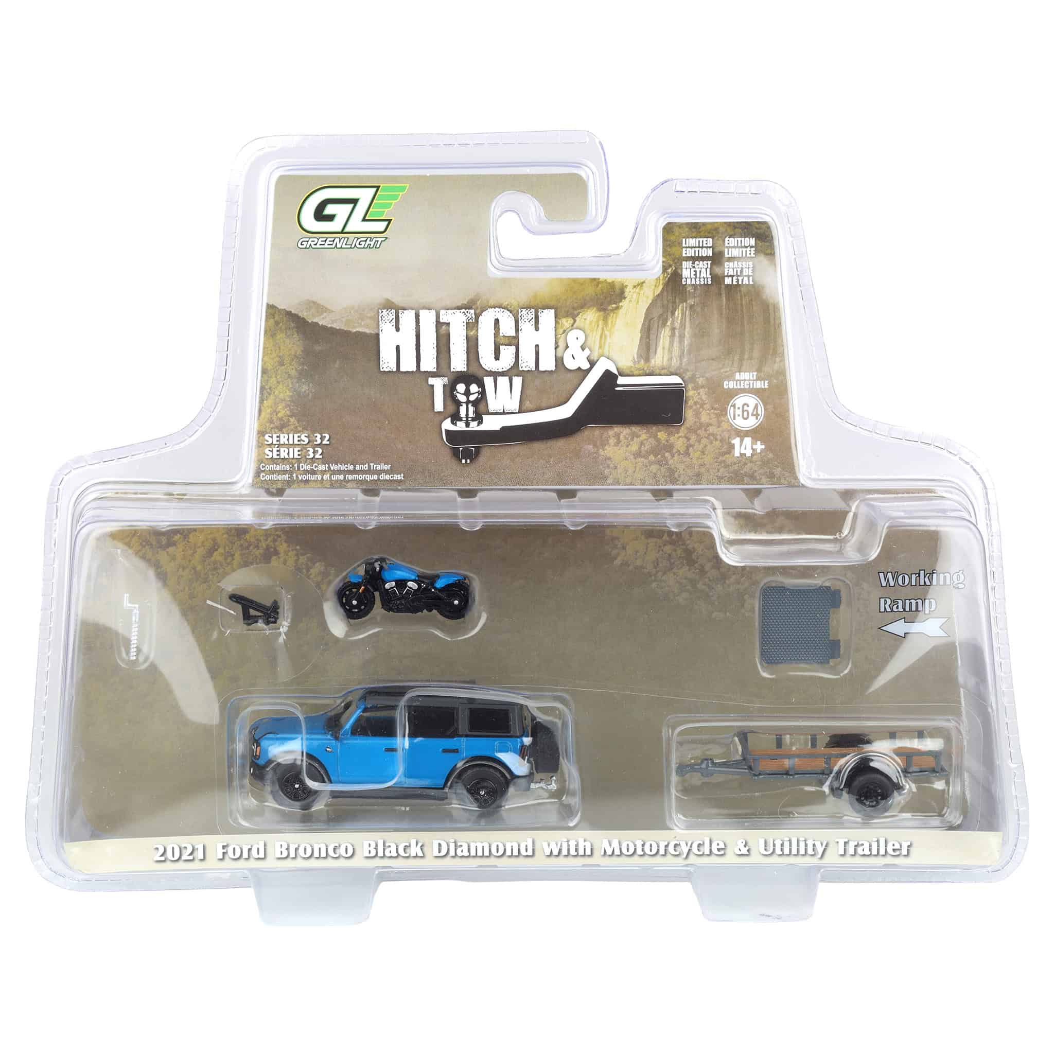 1/64 2021 Ford Bronco Black Diamond with Utility Trailer & Motorcycle, Velocity Blue, Hitch & Tow Series 32 - Image 12