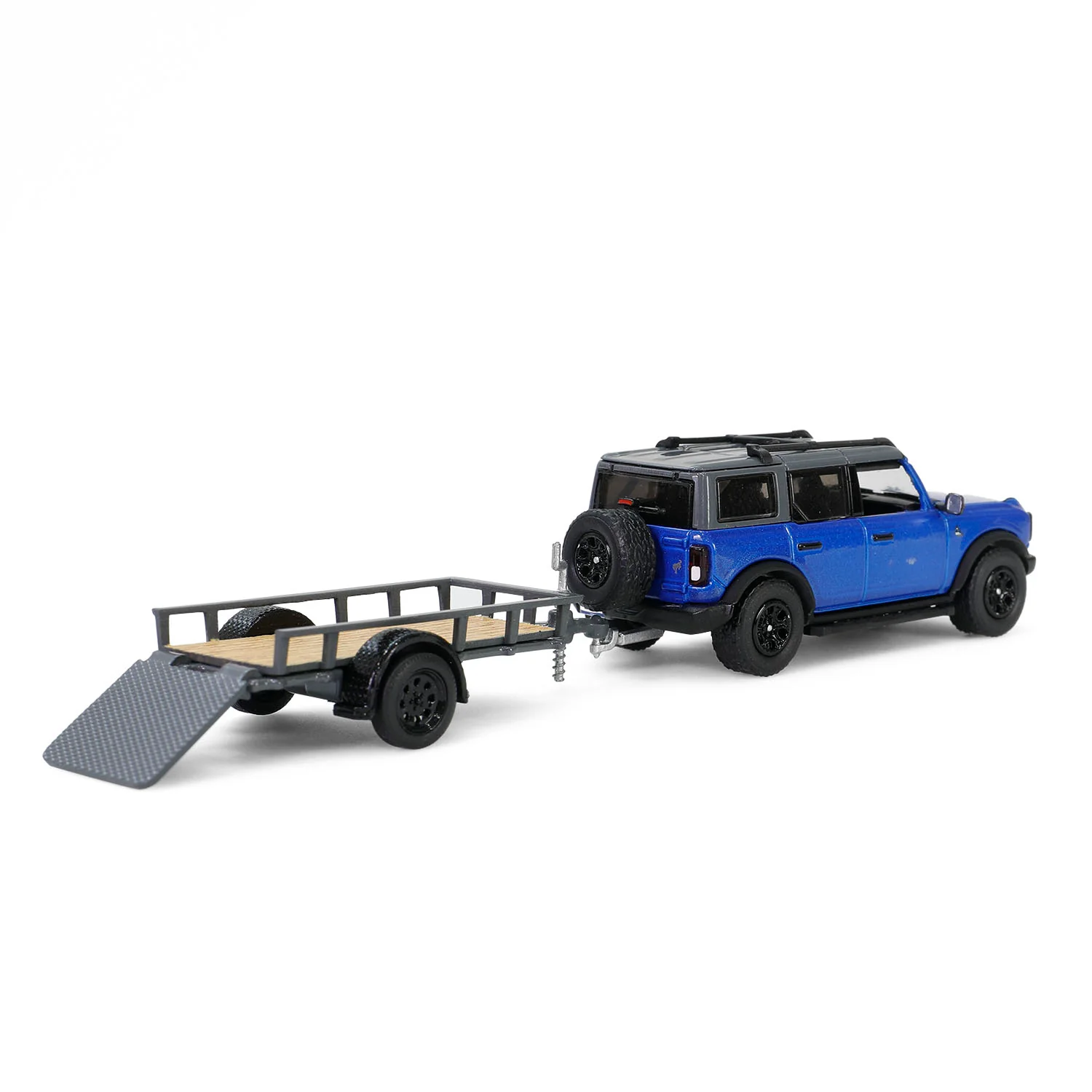 1/64 2021 Ford Bronco Black Diamond with Utility Trailer & Motorcycle, Velocity Blue, Hitch & Tow Series 32 - Image 2