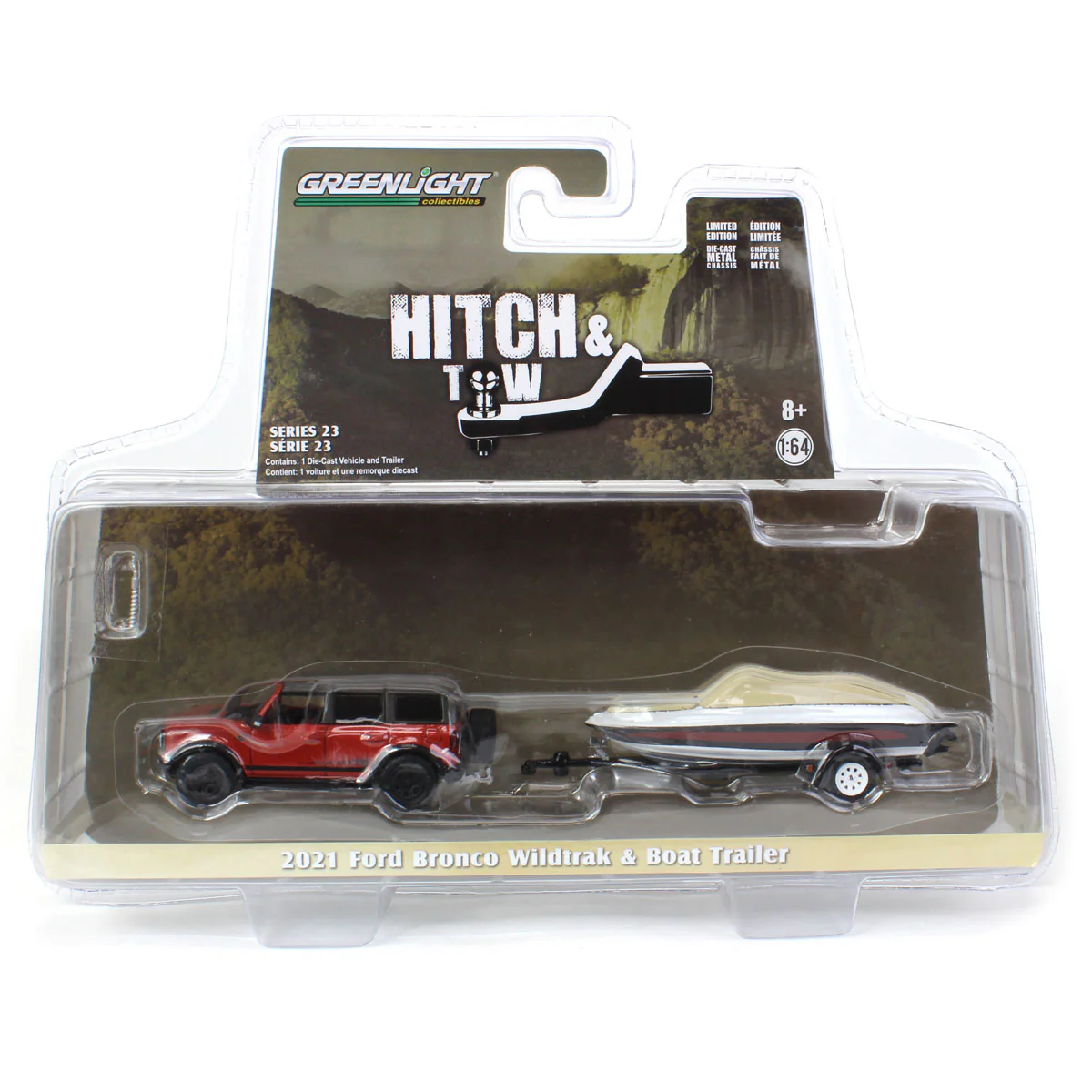1/64 2021 Ford Bronco Wildtrak with Boat Trailer, Red, Hitch & Tow Series 23 - Image 5