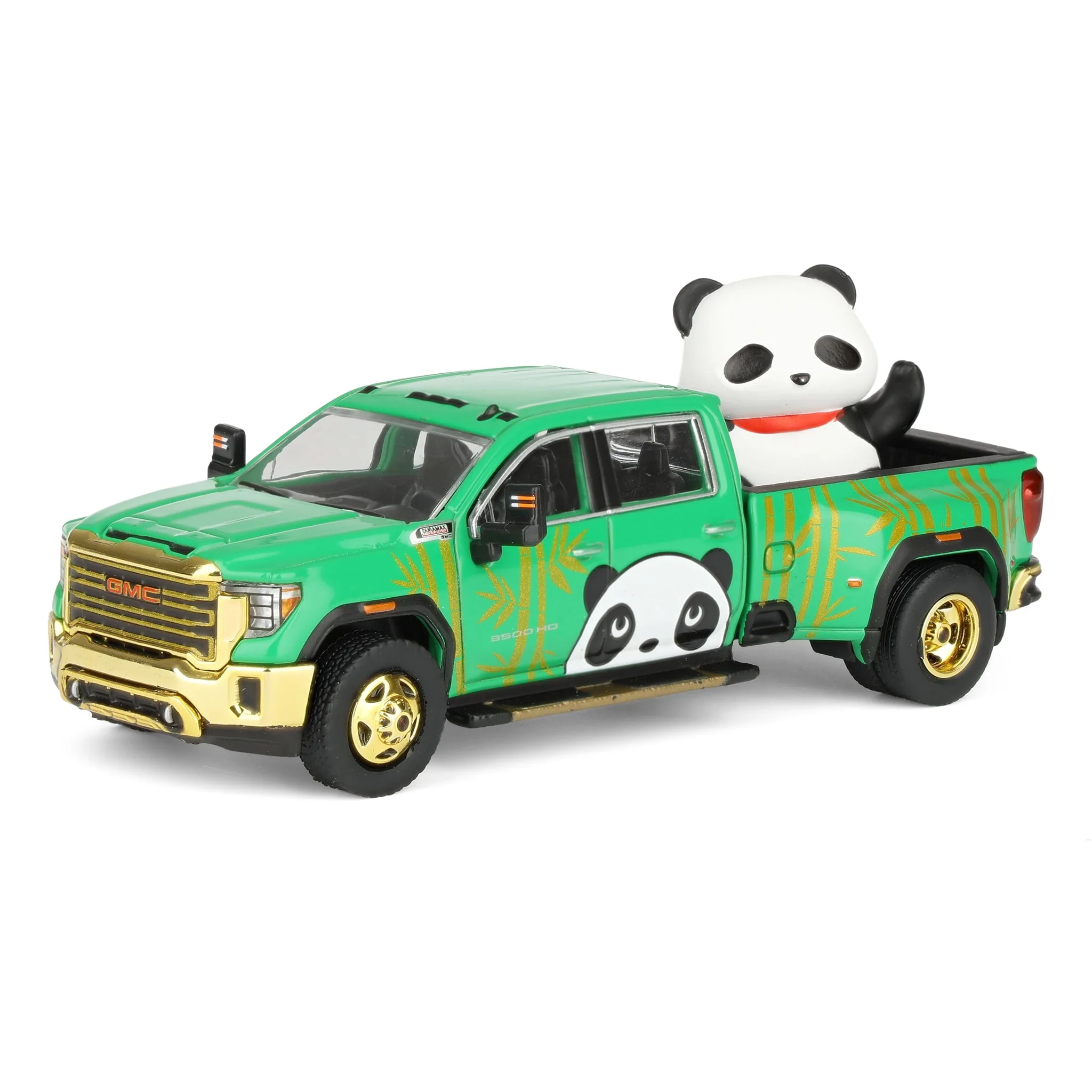 1/64 2022 GMC Sierra 3500 HD Denali Dually Pickup Truck with Beijing Panda, Green, 2025 GreenLight Waltersons Product Expo Exclusive