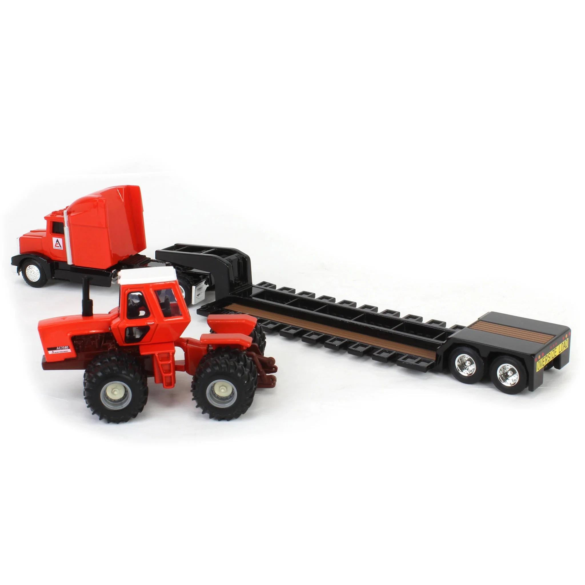 1/64 Allis Chalmers 7580 Maroon Belly Tractor & Semi Truck with Lowboy Trailer by ERTL - Image 4