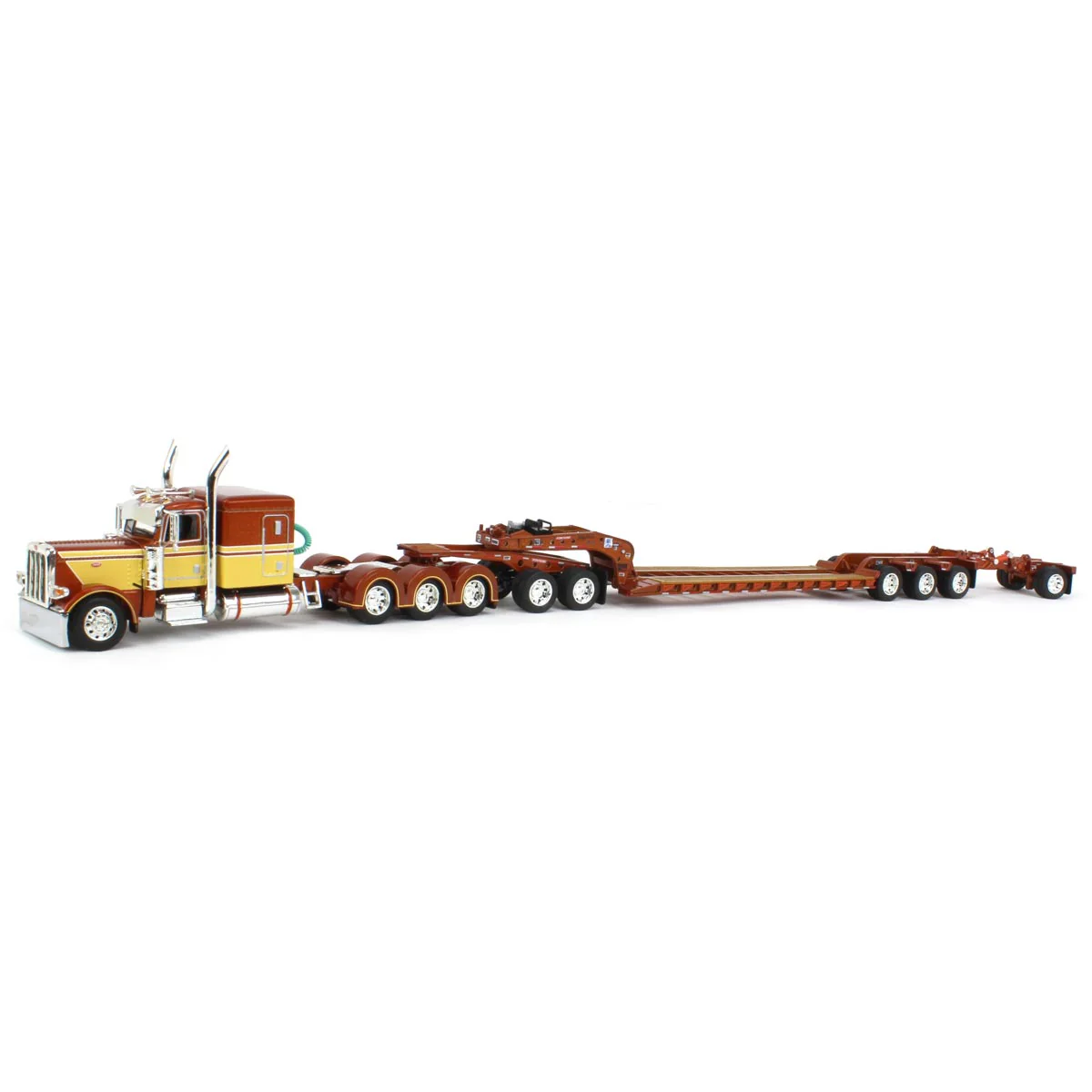 1/64 Amber & Tan Peterbilt 389 Semi Truck with Fontaine Magnitude Tri-axle Lowboy, Jeep, & Stinger, DCP by First Gear