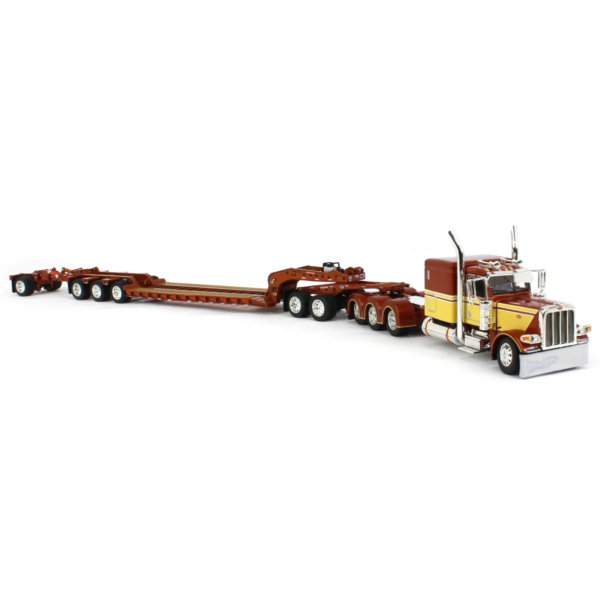 1/64 Amber & Tan Peterbilt 389 Semi Truck with Fontaine Magnitude Tri-axle Lowboy, Jeep, & Stinger, DCP by First Gear - Image 2