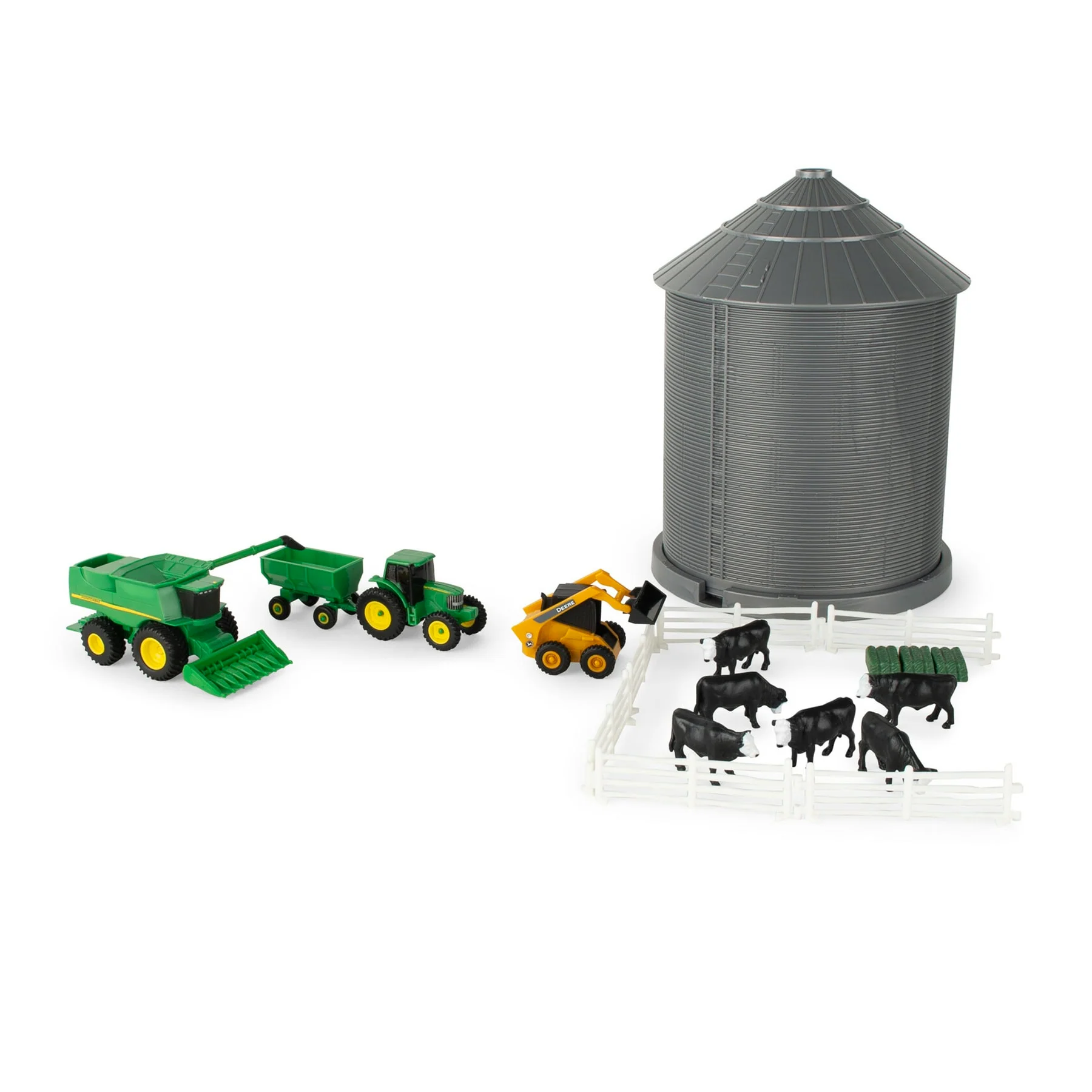 1/64 Big Farm 9" x 6.5" Grain Bin, 20 Piece Farm Set with John Deere Combine, Tractor & Skid Steer