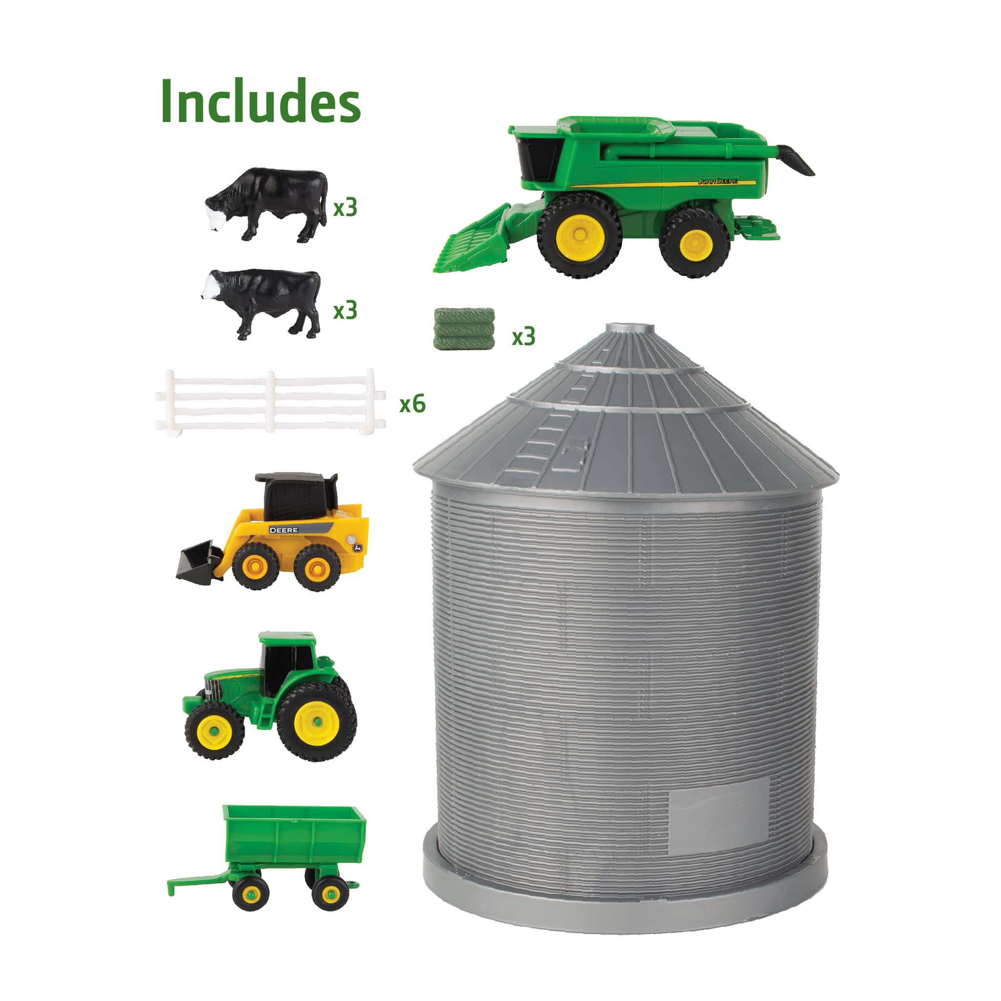 1/64 Big Farm 9" x 6.5" Grain Bin, 20 Piece Farm Set with John Deere Combine, Tractor & Skid Steer - Image 3