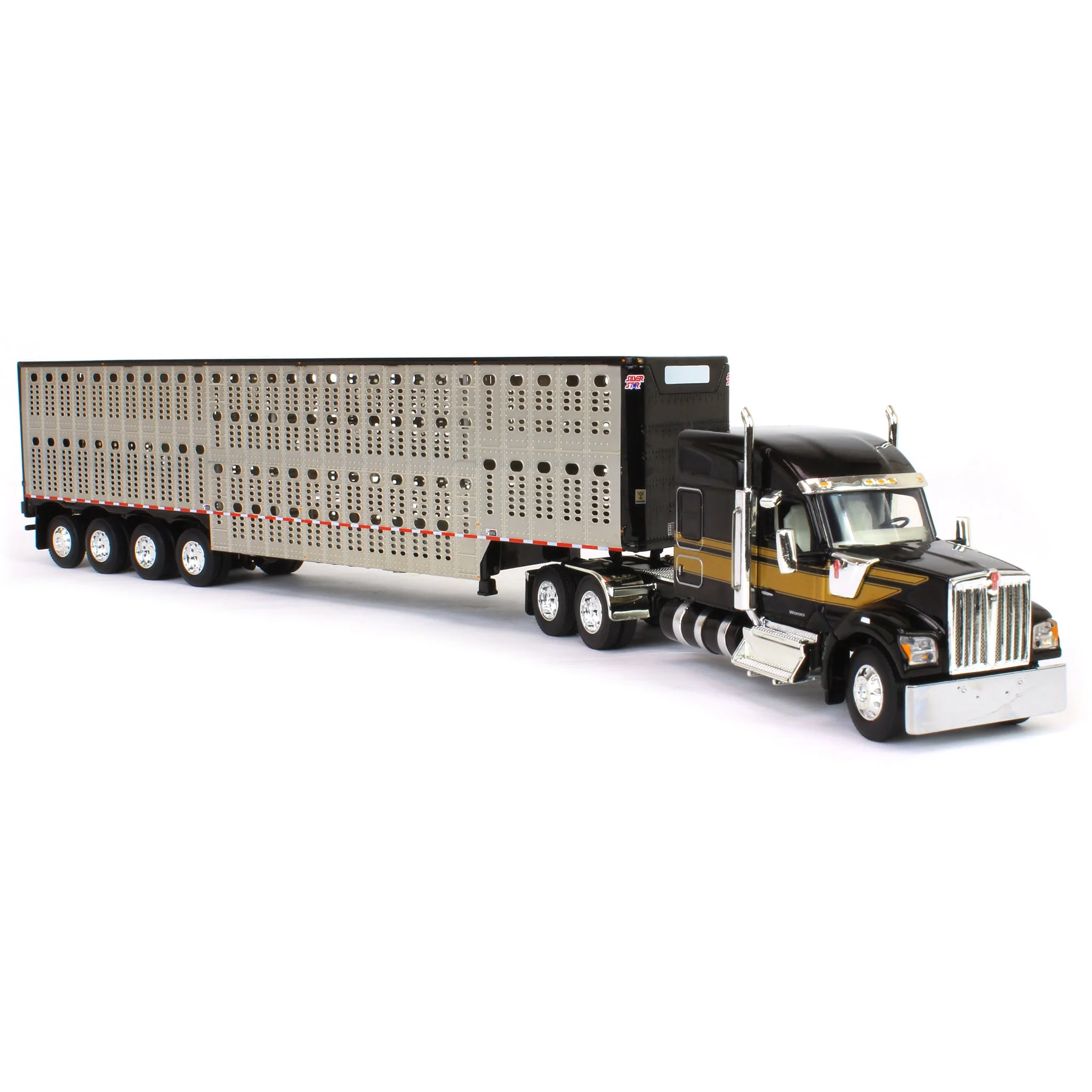 1/64 Black & Gold Kenworth W990 with Wilson Silverstar Livestock Trailer, DCP by First Gear - Image 2