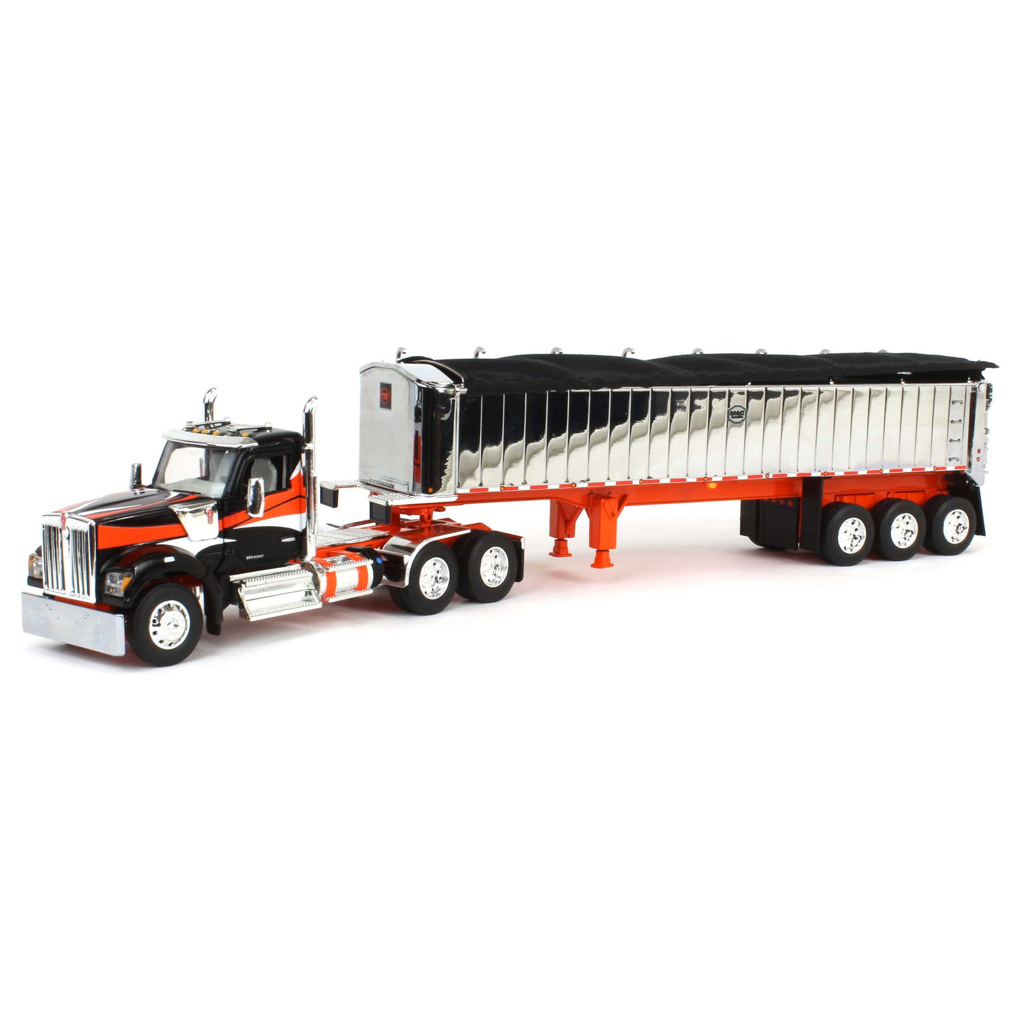 1/64 Black & Orange Kenworth W990 with Chrome MAC Coal End Dump Trailer, DCP by First Gear