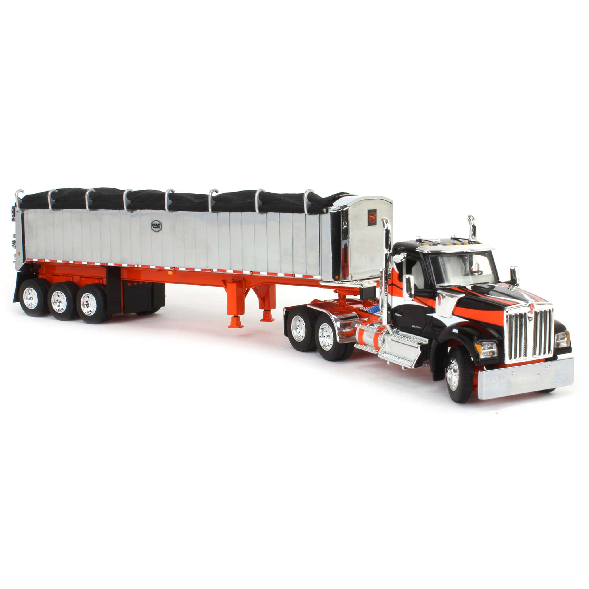 1/64 Black & Orange Kenworth W990 with Chrome MAC Coal End Dump Trailer, DCP by First Gear - Image 2