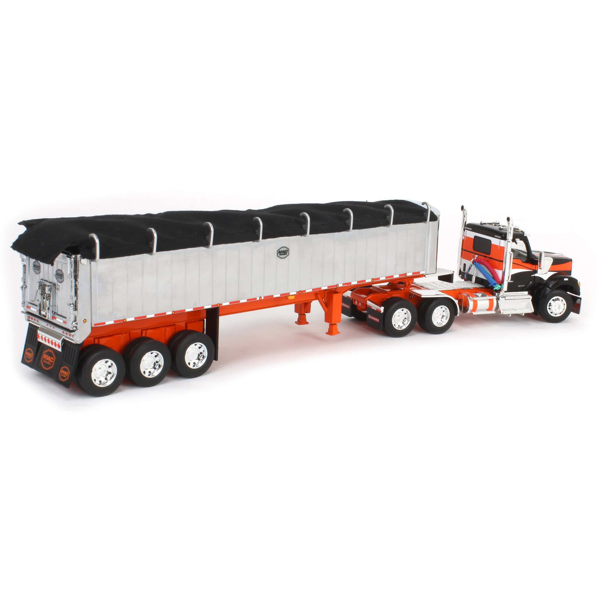 1/64 Black & Orange Kenworth W990 with Chrome MAC Coal End Dump Trailer, DCP by First Gear - Image 3