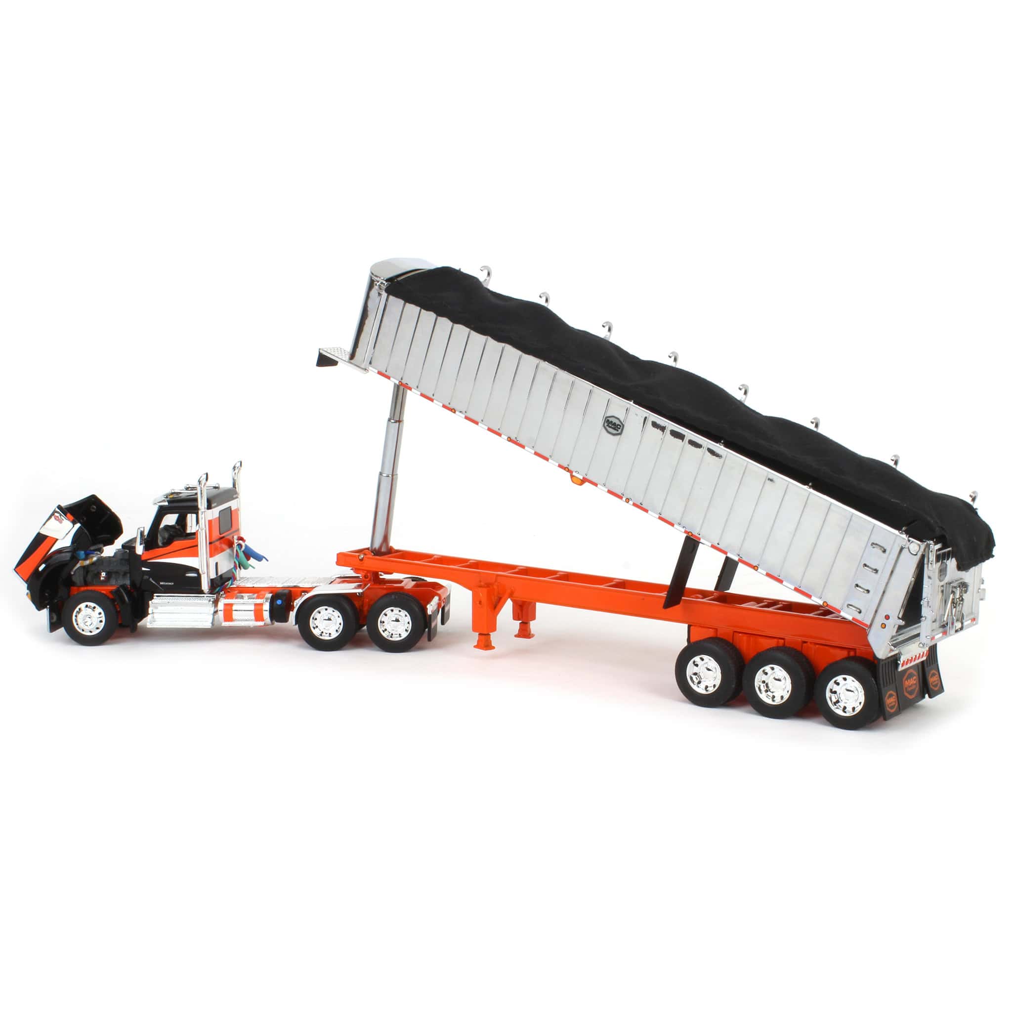 1/64 Black & Orange Kenworth W990 with Chrome MAC Coal End Dump Trailer, DCP by First Gear - Image 4