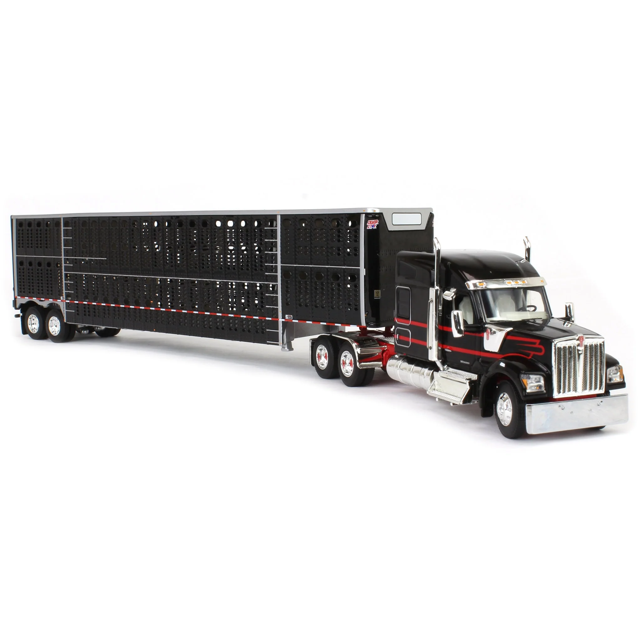 1/64 Black & Red Kenworth W990 with Wilson Silverstar Livestock Trailer, DCP by First Gear - Image 2