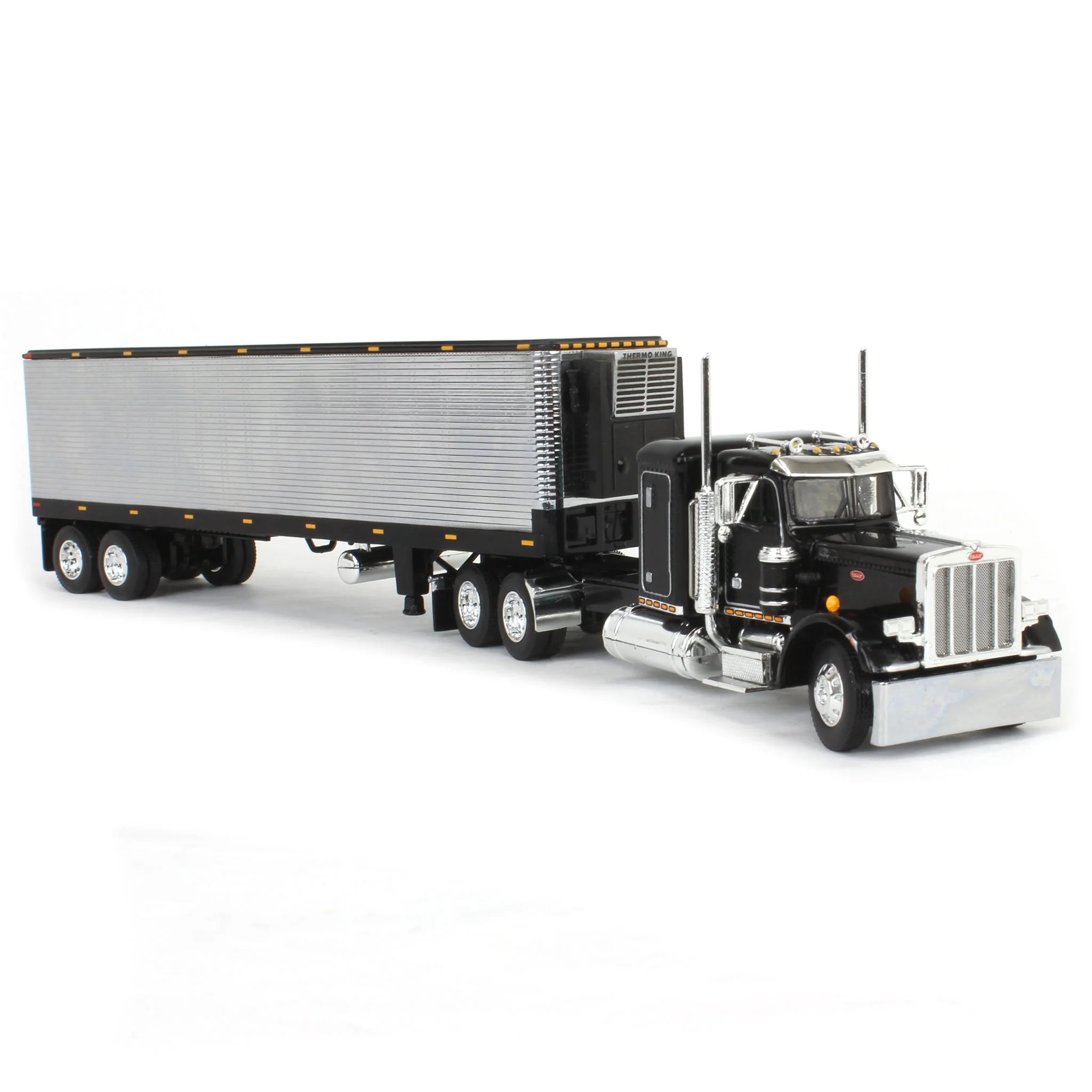 1/64 Peterbilt 359 Semi Truck with 40ft Vintage Reefer Trailer, Black/Chrome, DCP by First Gear - Image 2
