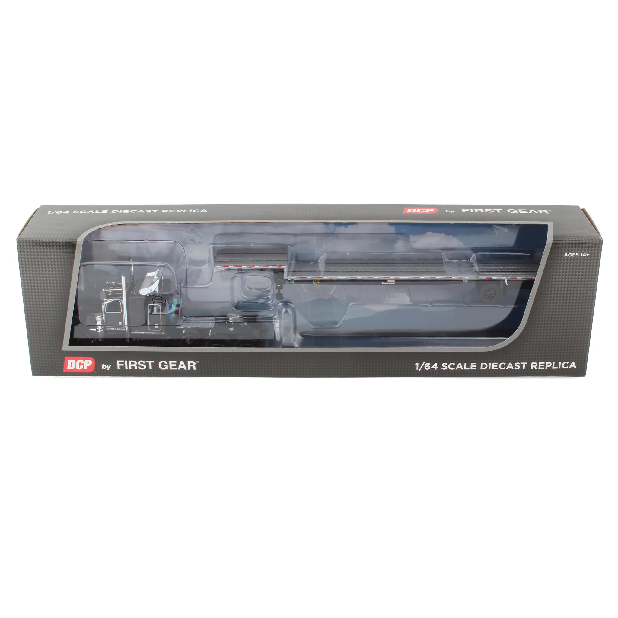 1/64 Black & Chrome Tri-Axle Peterbilt 389 Sleeper with Transcraft Step Deck Trailer, DCP by First Gear