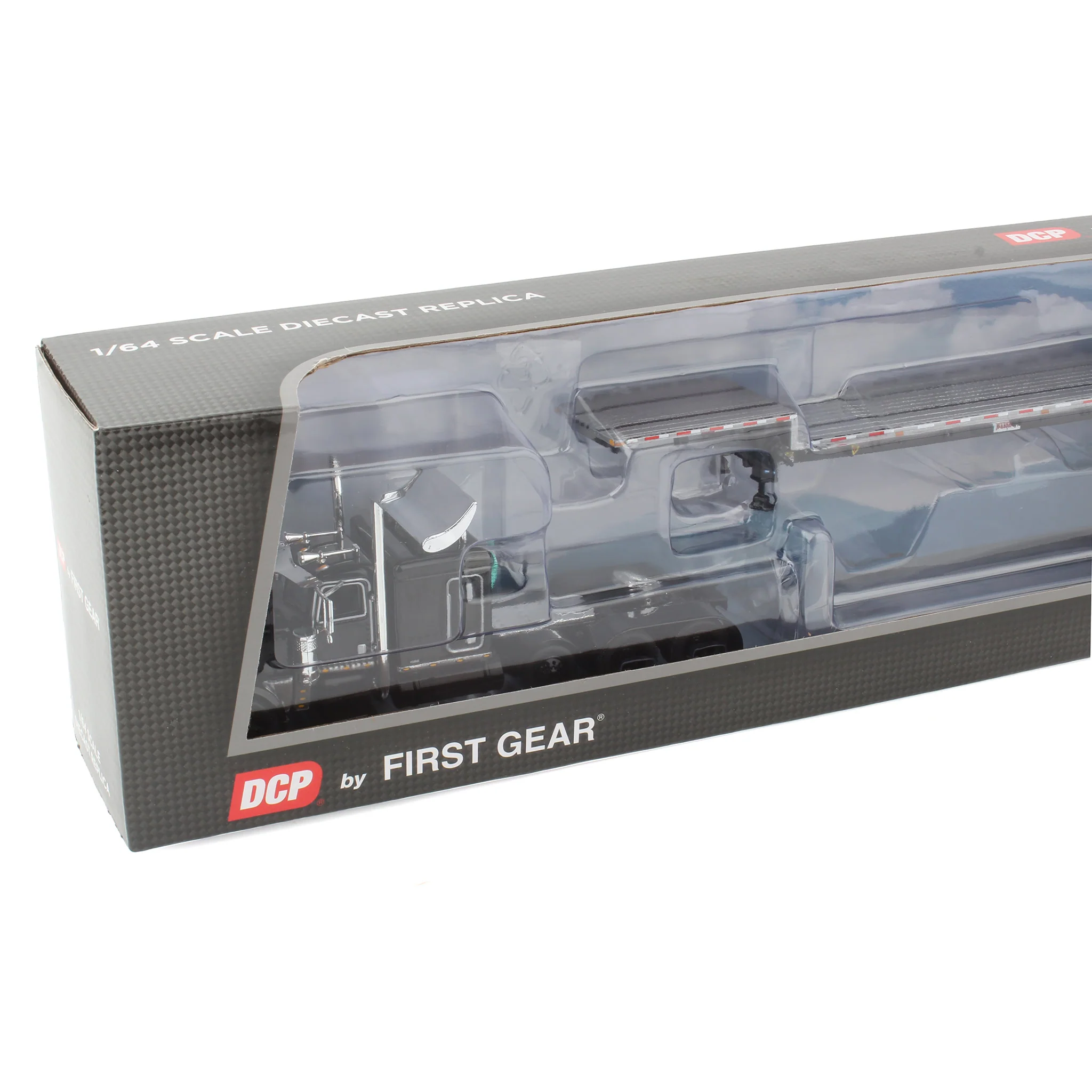 1/64 Black & Chrome Tri-Axle Peterbilt 389 Sleeper with Transcraft Step Deck Trailer, DCP by First Gear - Image 2