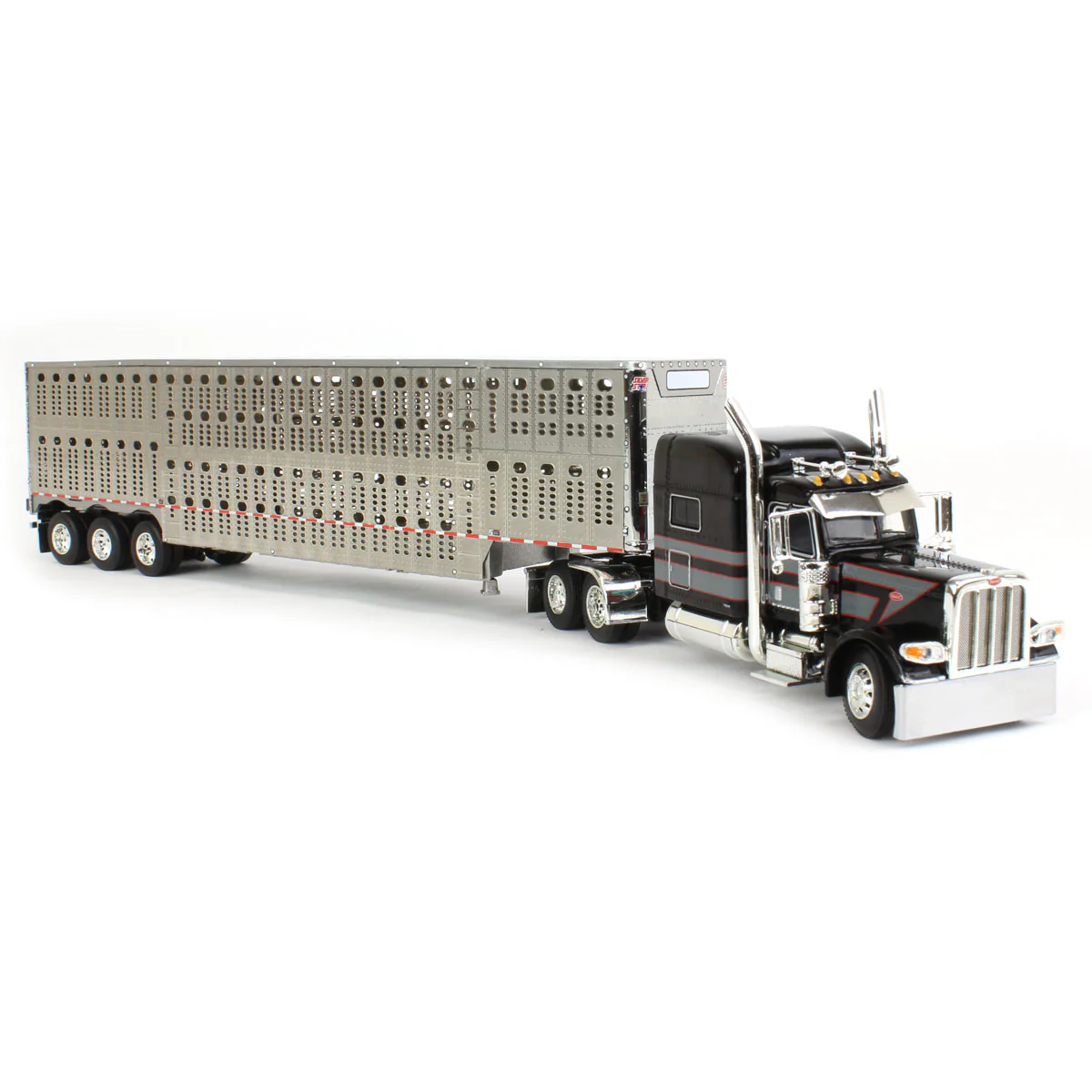 1/64 Black, Gray & Red Peterbilt 389 Semi Truck with Tri-axle Wilson Livestock Trailer, DCP by First Gear - Image 2