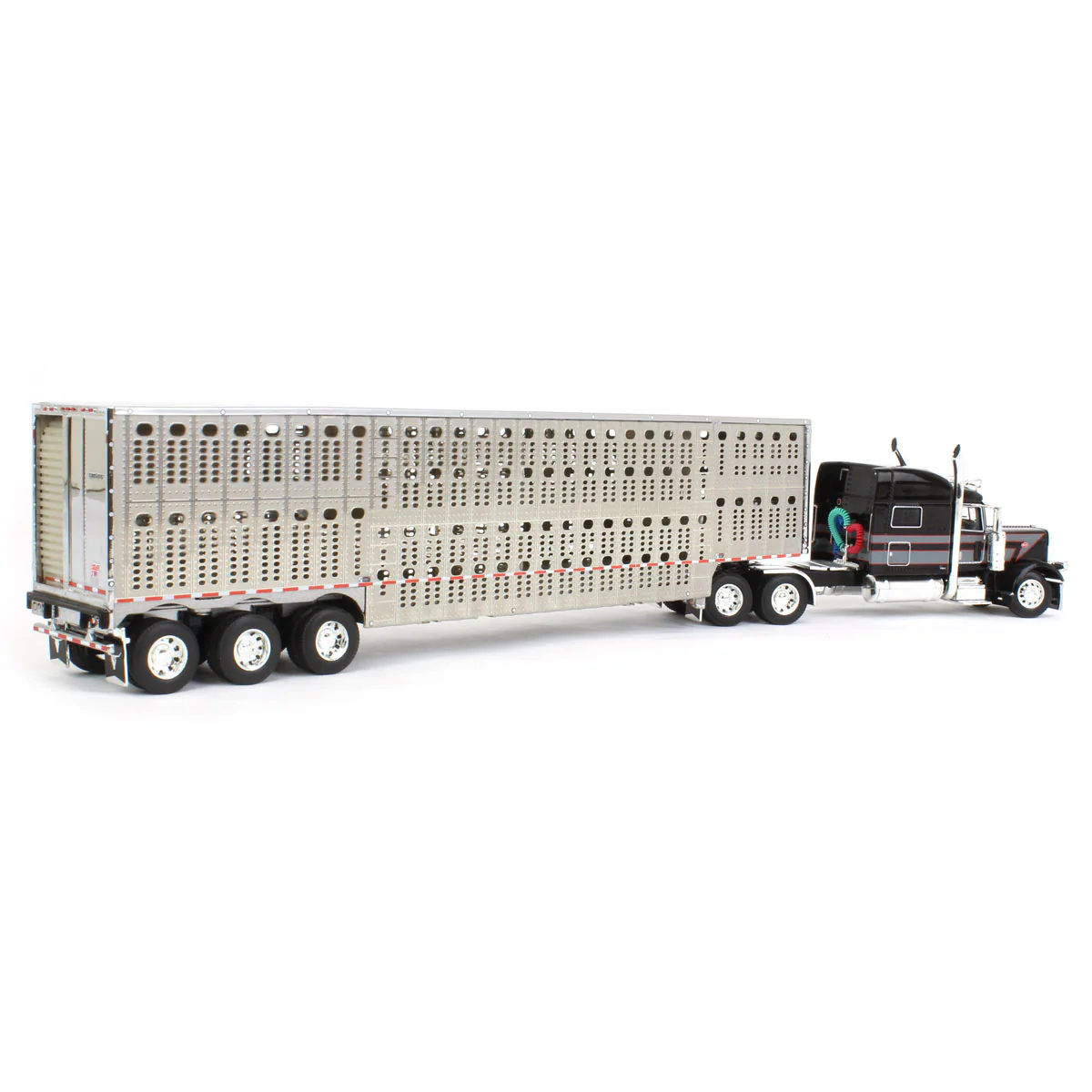 1/64 Black, Gray & Red Peterbilt 389 Semi Truck with Tri-axle Wilson Livestock Trailer, DCP by First Gear - Image 3