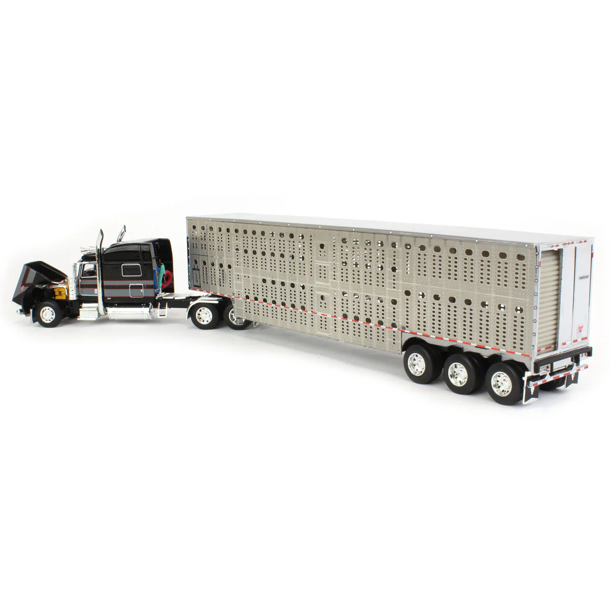 1/64 Black, Gray & Red Peterbilt 389 Semi Truck with Tri-axle Wilson Livestock Trailer, DCP by First Gear - Image 4