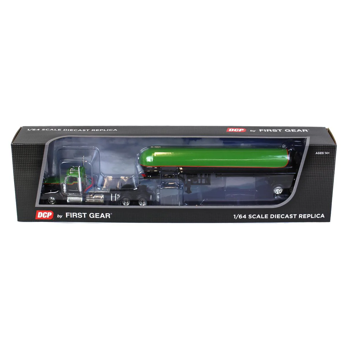 1/64 Kenworth W900L Semi Truck with Anhydrous Tank Trailer, Black/Green, DCP by First Gear - Image 3