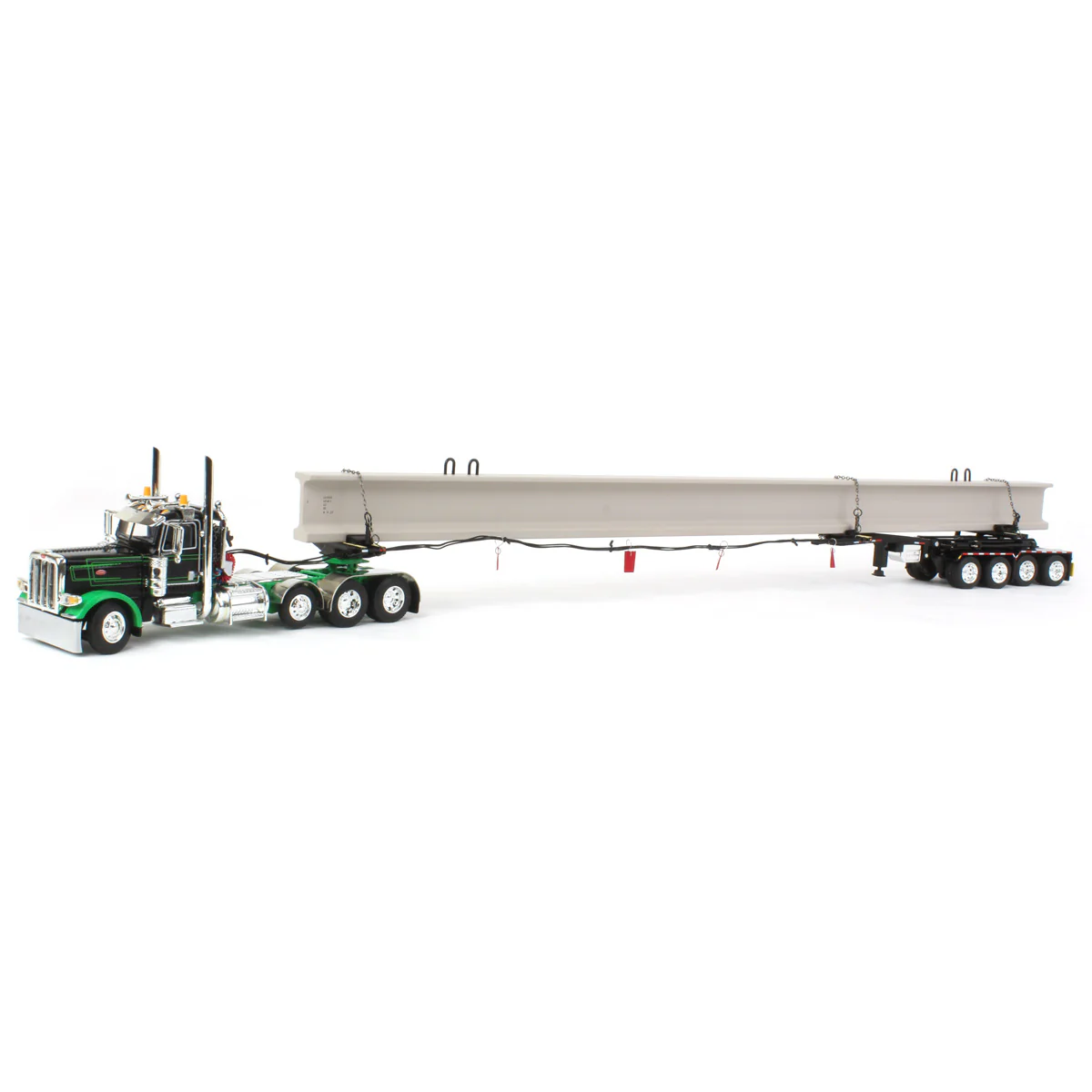1/64 Black/Green Peterbilt 389 Semi Truck with ERMC Hydra-Steer Trailer & Bridge Beam Load, DCP by First Gear