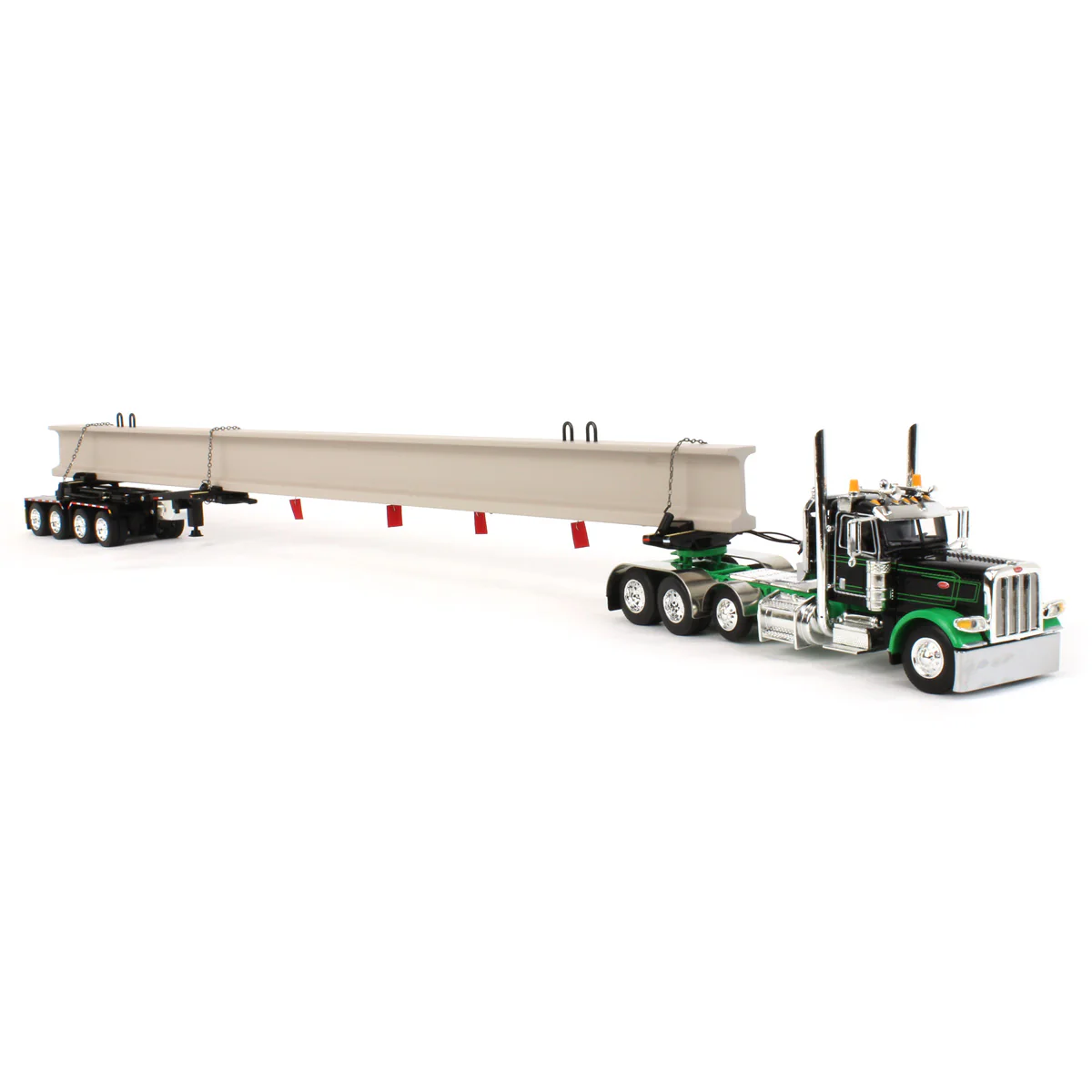1/64 Black/Green Peterbilt 389 Semi Truck with ERMC Hydra-Steer Trailer & Bridge Beam Load, DCP by First Gear - Image 2