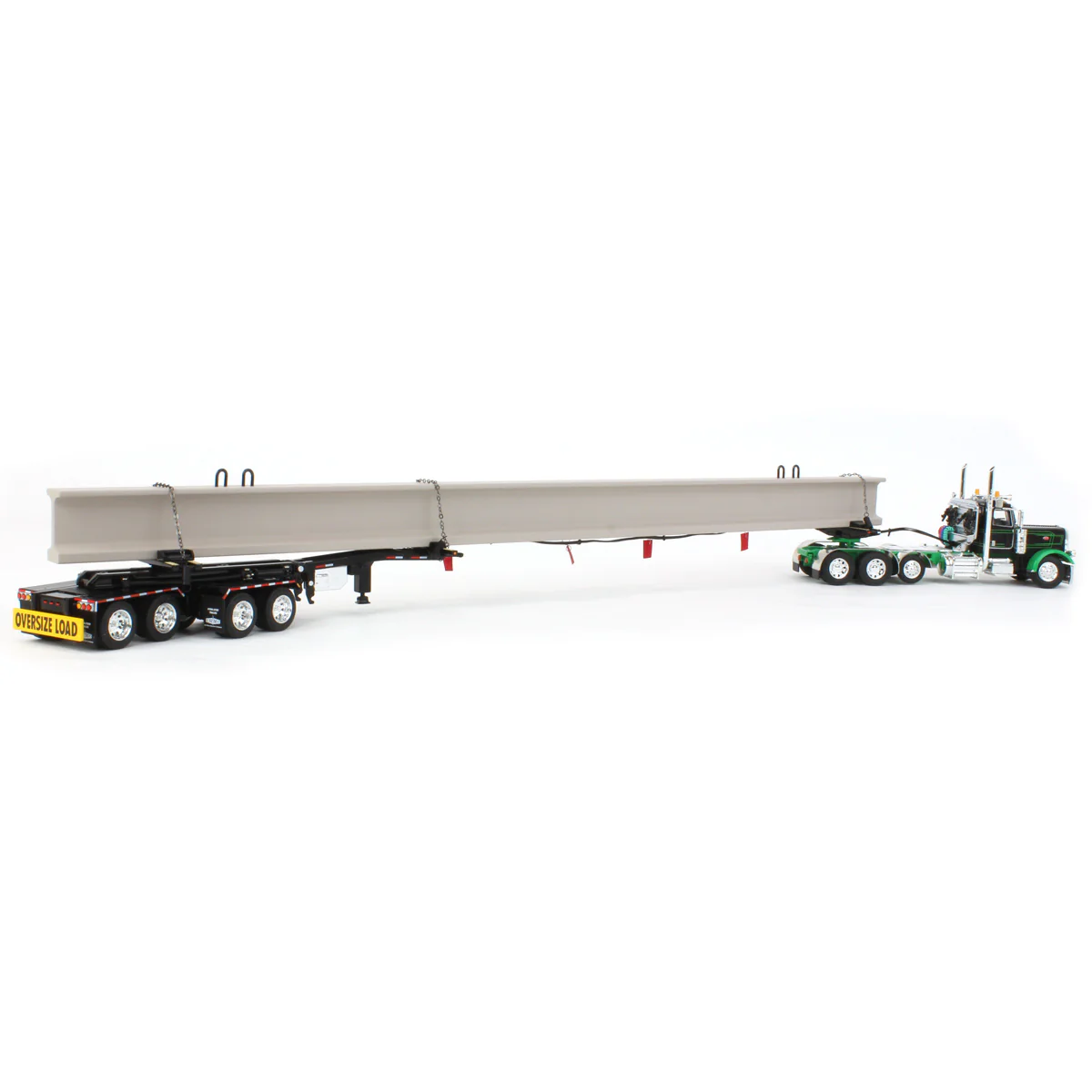 1/64 Black/Green Peterbilt 389 Semi Truck with ERMC Hydra-Steer Trailer & Bridge Beam Load, DCP by First Gear - Image 3