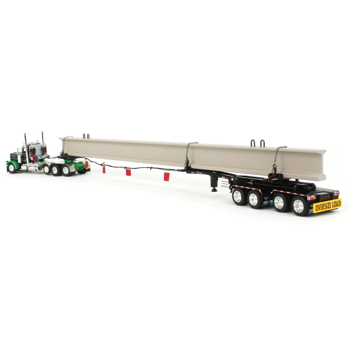 1/64 Black/Green Peterbilt 389 Semi Truck with ERMC Hydra-Steer Trailer & Bridge Beam Load, DCP by First Gear - Image 4