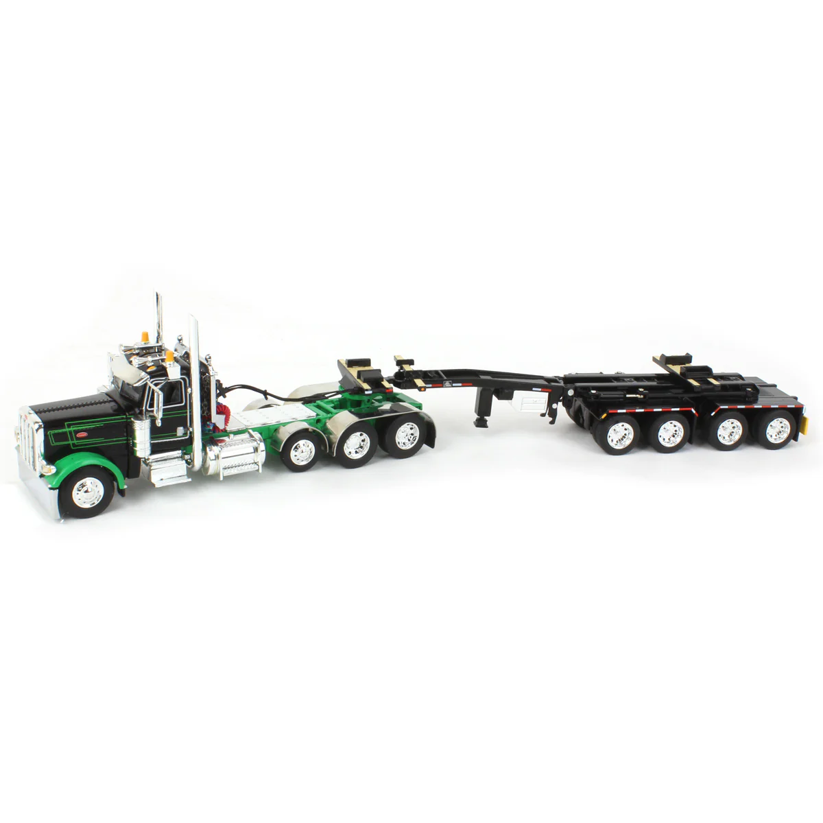 1/64 Black/Green Peterbilt 389 Semi Truck with ERMC Hydra-Steer Trailer & Bridge Beam Load, DCP by First Gear - Image 5