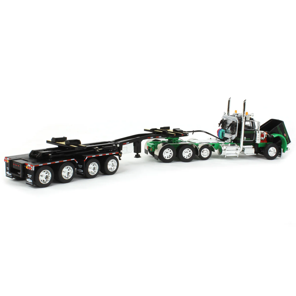 1/64 Black/Green Peterbilt 389 Semi Truck with ERMC Hydra-Steer Trailer & Bridge Beam Load, DCP by First Gear - Image 6