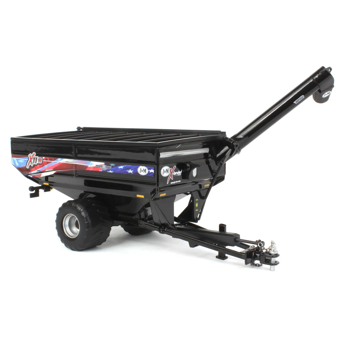 1/64 Black J&M 1112 X-Tended Reach Grain Cart with Singles & American Flag Decoration - Image 2