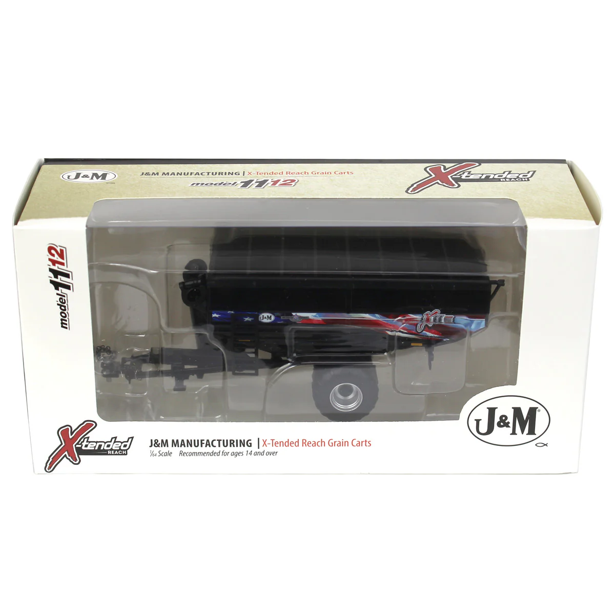 1/64 Black J&M 1112 X-Tended Reach Grain Cart with Singles & American Flag Decoration - Image 5