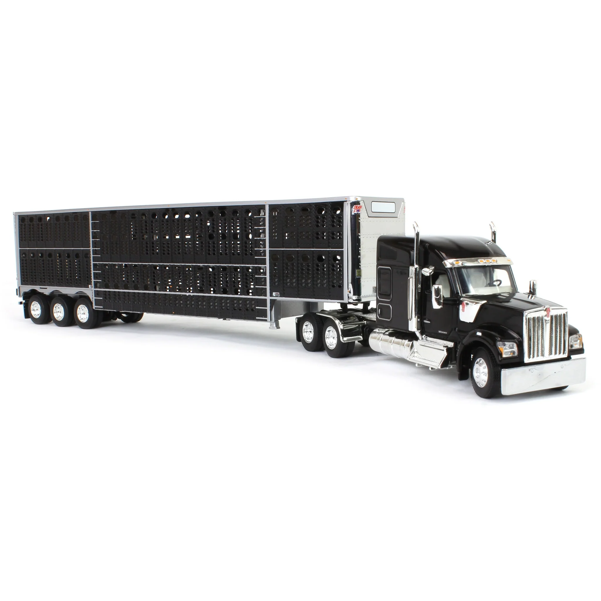1/64 Black Kenworth W990 with Wilson Silverstar Livestock Trailer, DCP by First Gear - Image 2