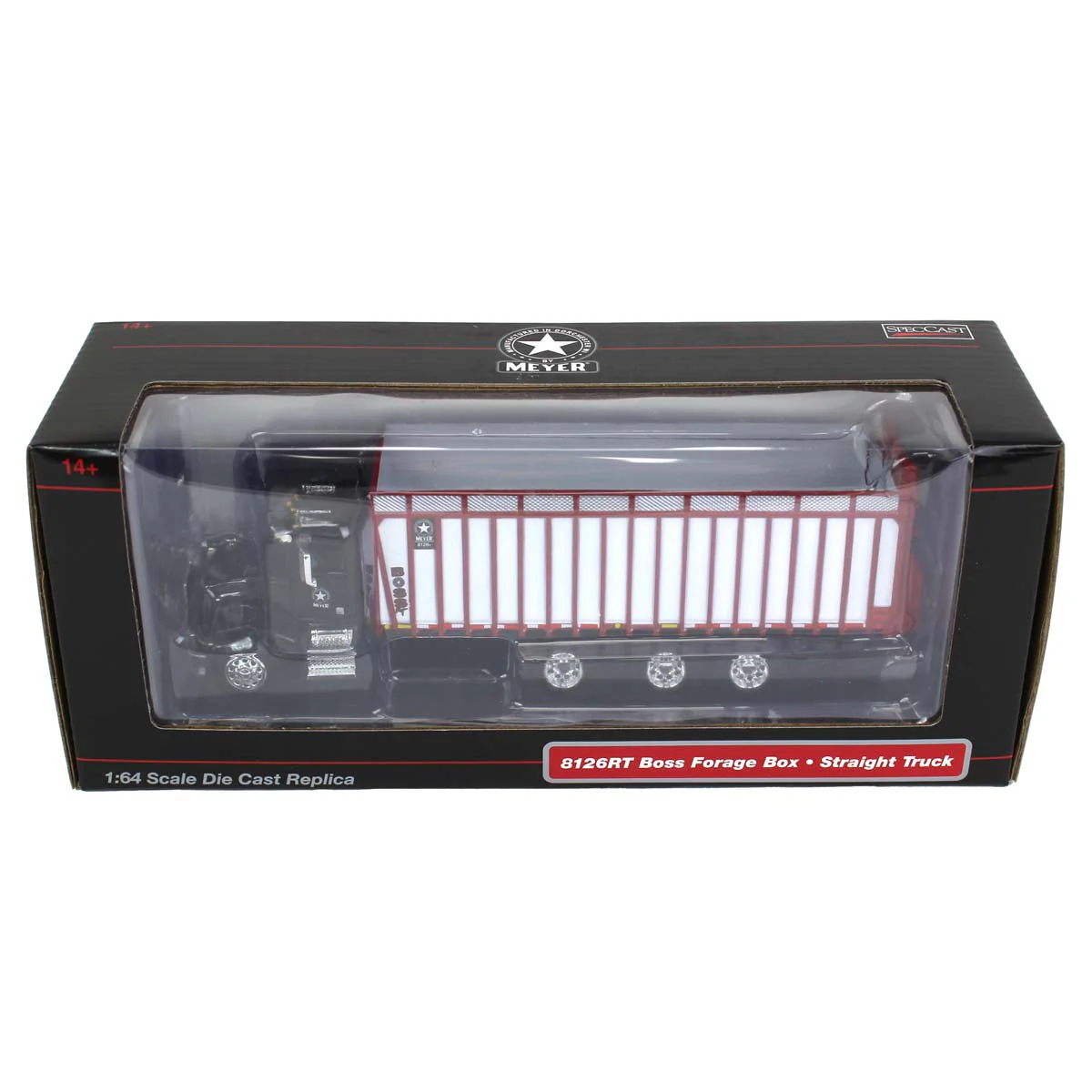 1/64 Peterbilt 385 Truck with Meyer 8126RT Boss Forage Box by SpecCast, Black, Red & White - Image 5