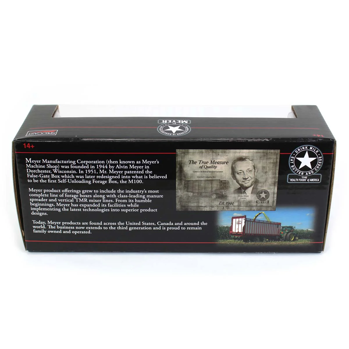 1/64 Peterbilt 385 Truck with Meyer 8126RT Boss Forage Box by SpecCast, Black, Red & White - Image 6