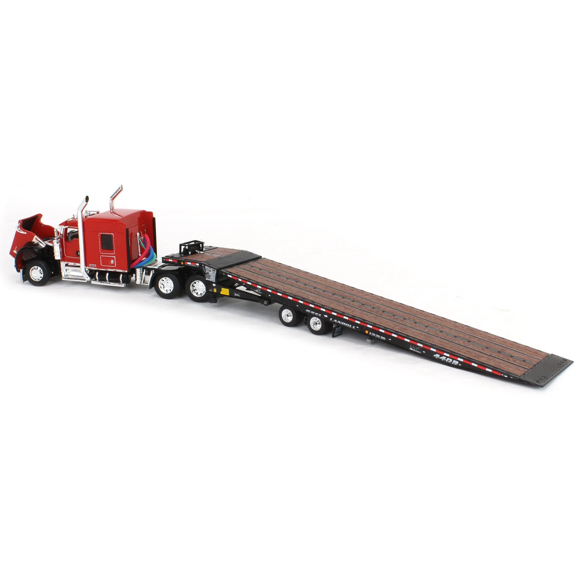 1/64 Red/Black Kenworth W900L with Landoll 440B-50CA Traveling Axle Trailer, DCP by First Gear - Image 4